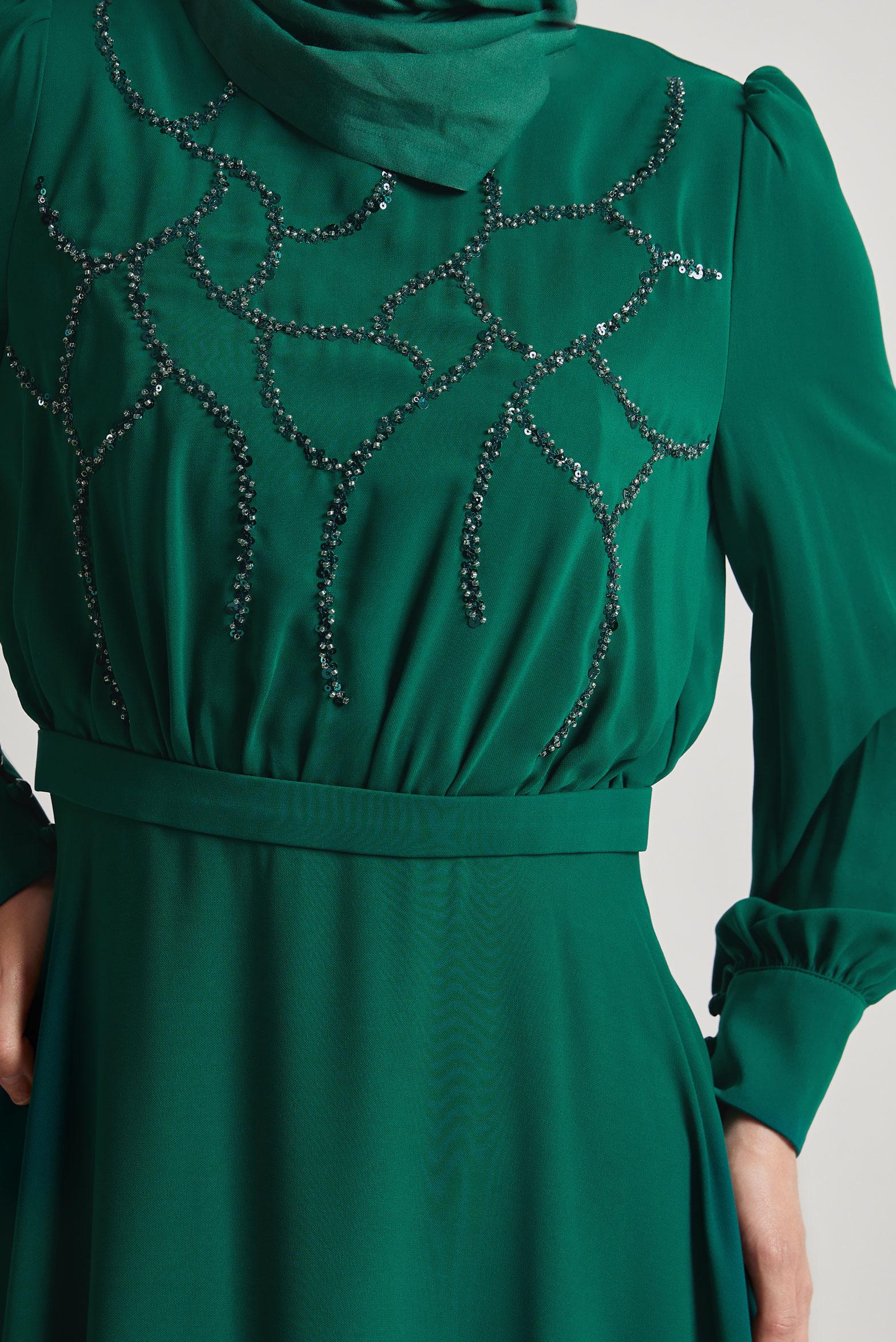 Tesettür giyim YEŞİL PAYET DETAYLI ELBİSE 45419