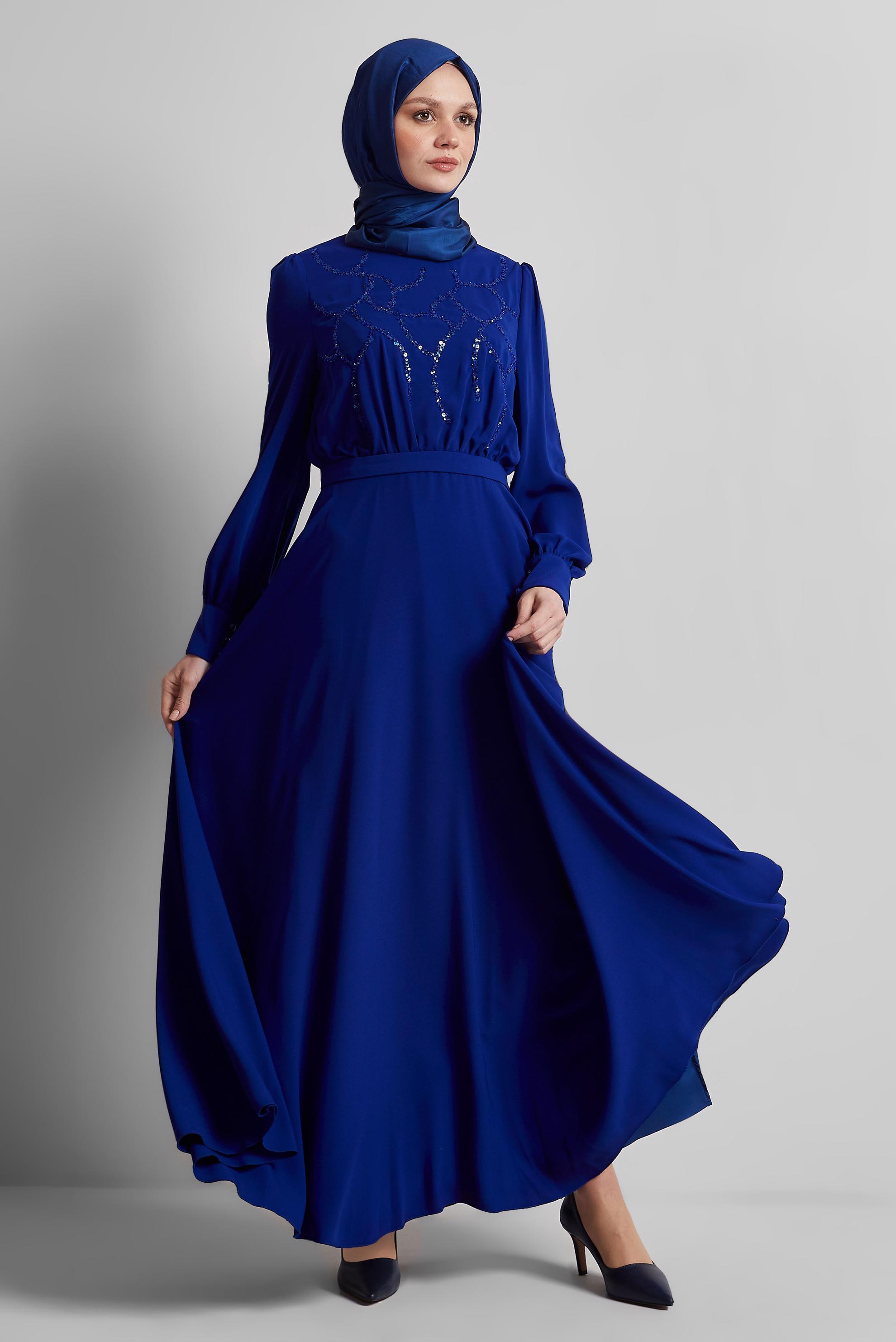 Tesettür giyim MAVİ PAYET DETAYLI ELBİSE 45419