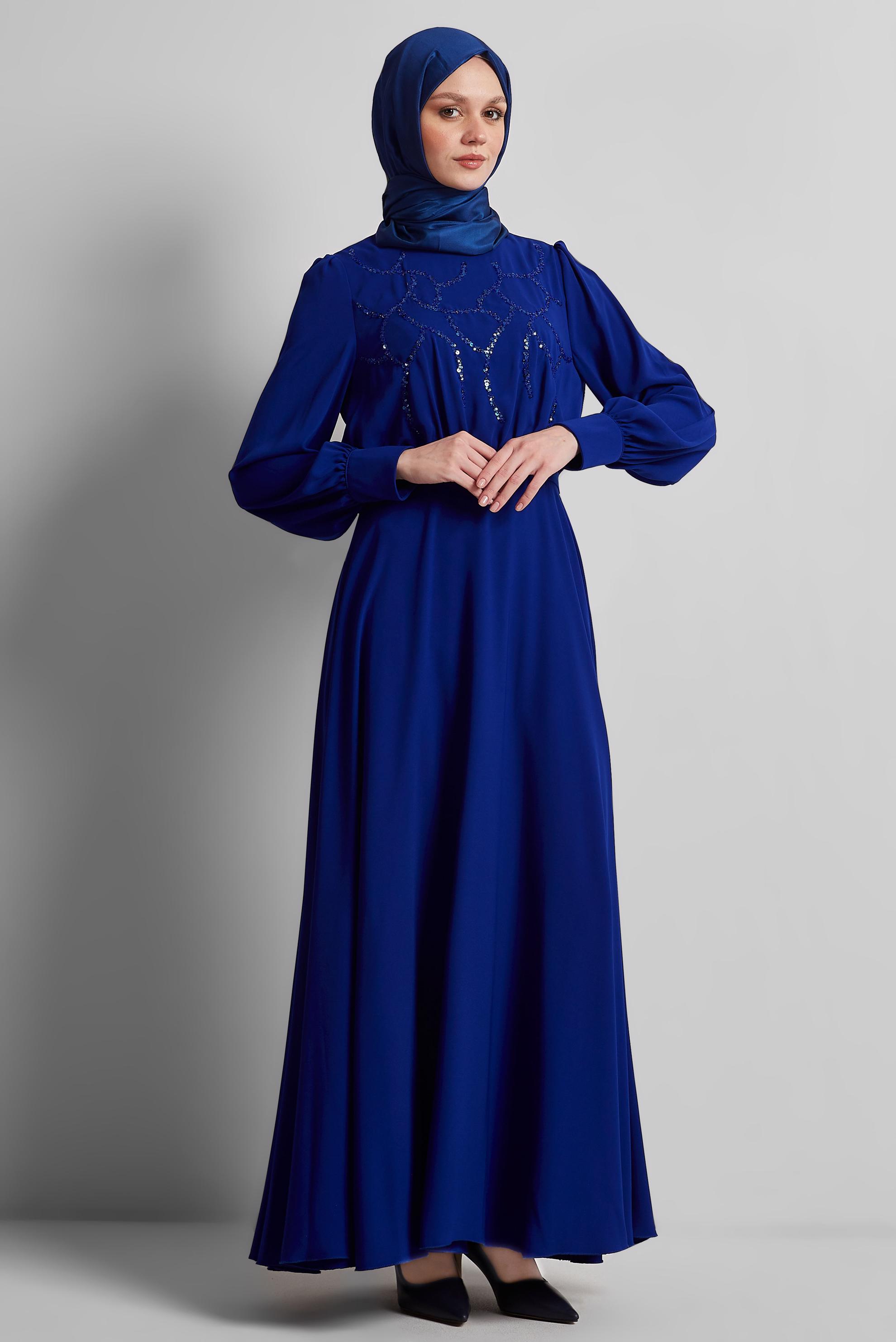 Tesettür giyim MAVİ PAYET DETAYLI ELBİSE 45419