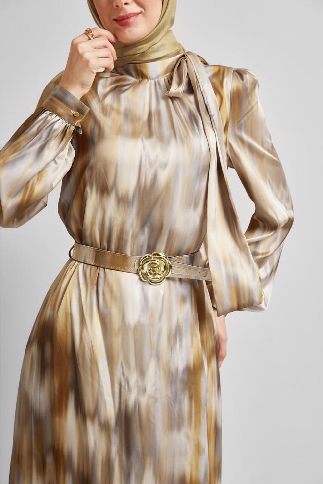 Hijab-Kleidung KUPFER / BRONZE SATINKLEID MIT GÜRTEL 45422 - ALVİNA