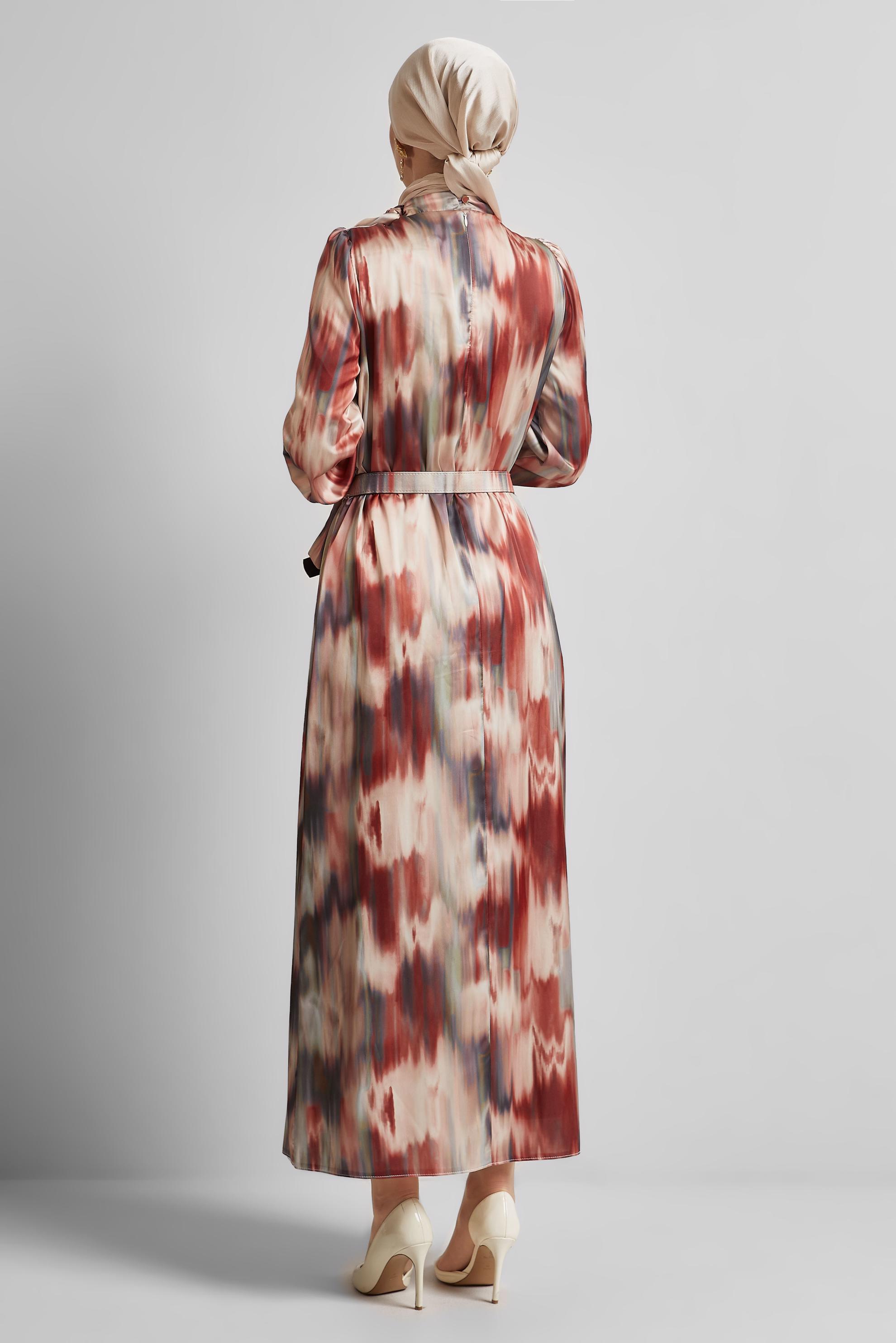 Tesettür giyim BORDO KEMERLİ SATEN ELBİSE 45422