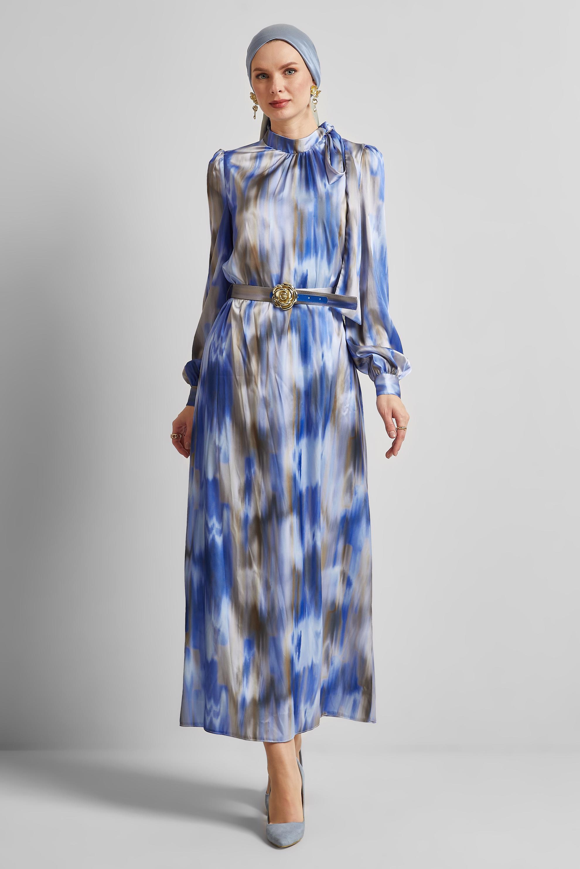 Tesettür giyim LACİVERT KEMERLİ SATEN ELBİSE 45422