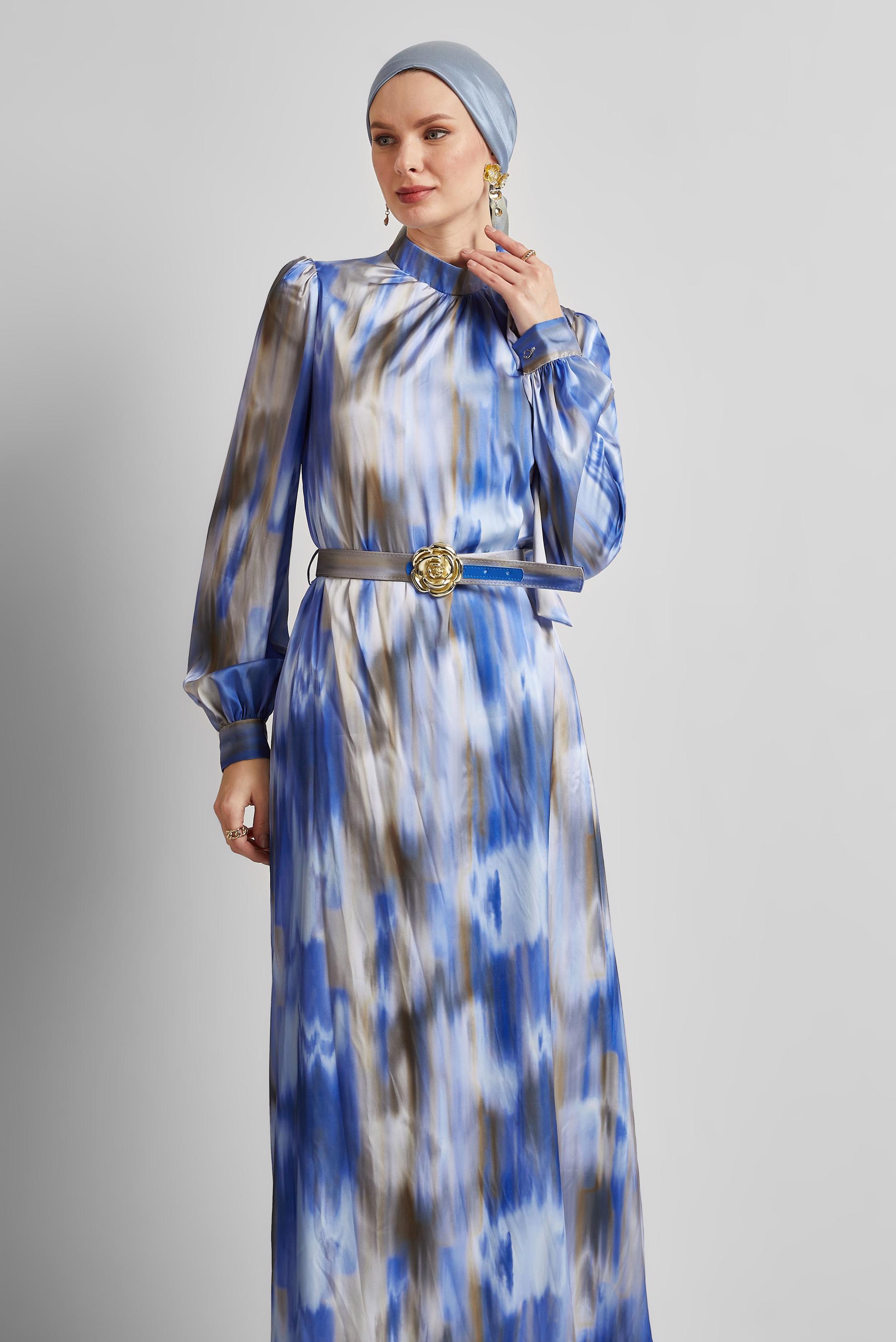 Tesettür giyim LACİVERT KEMERLİ SATEN ELBİSE 45422