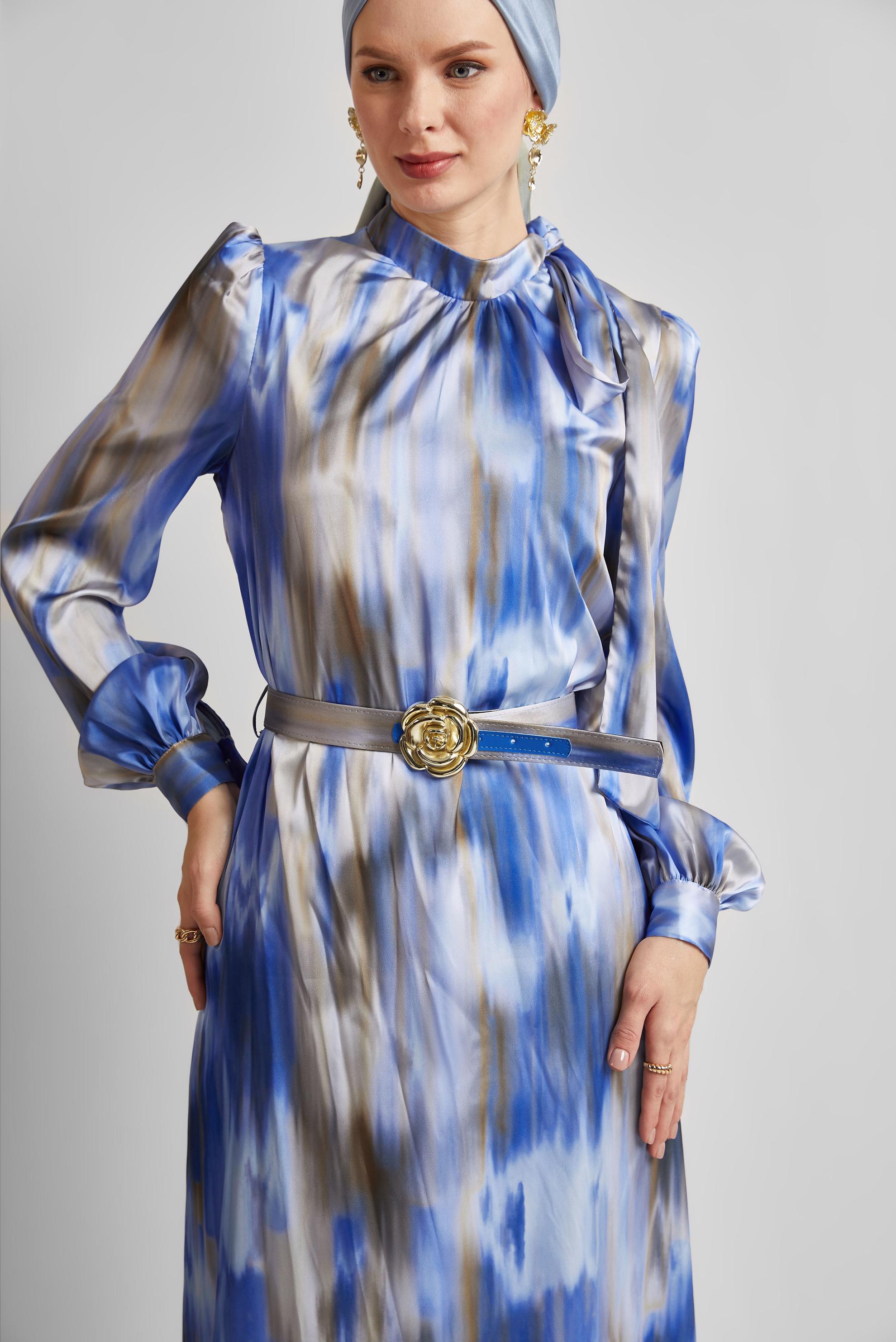 Tesettür giyim LACİVERT KEMERLİ SATEN ELBİSE 45422