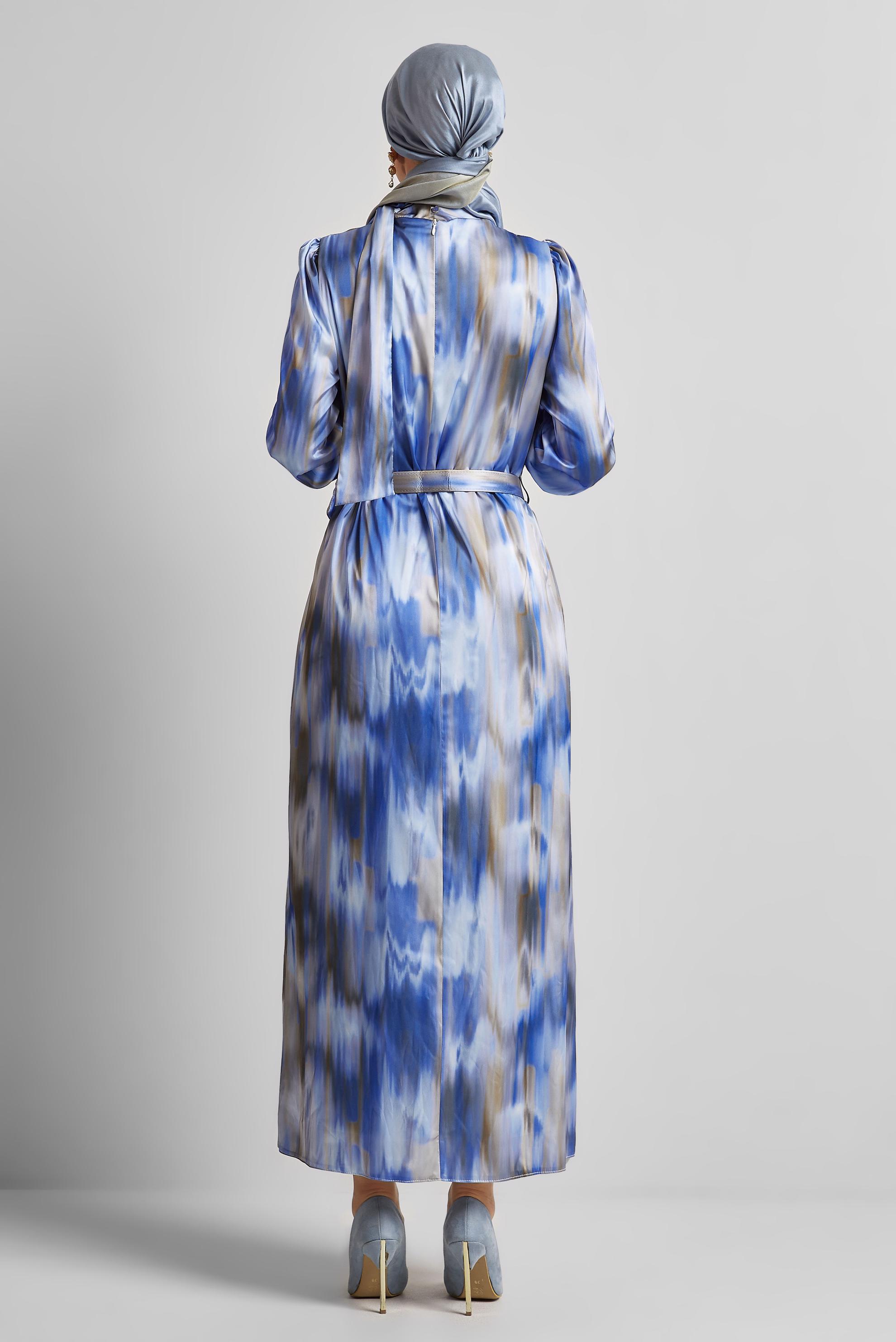 Tesettür giyim LACİVERT KEMERLİ SATEN ELBİSE 45422