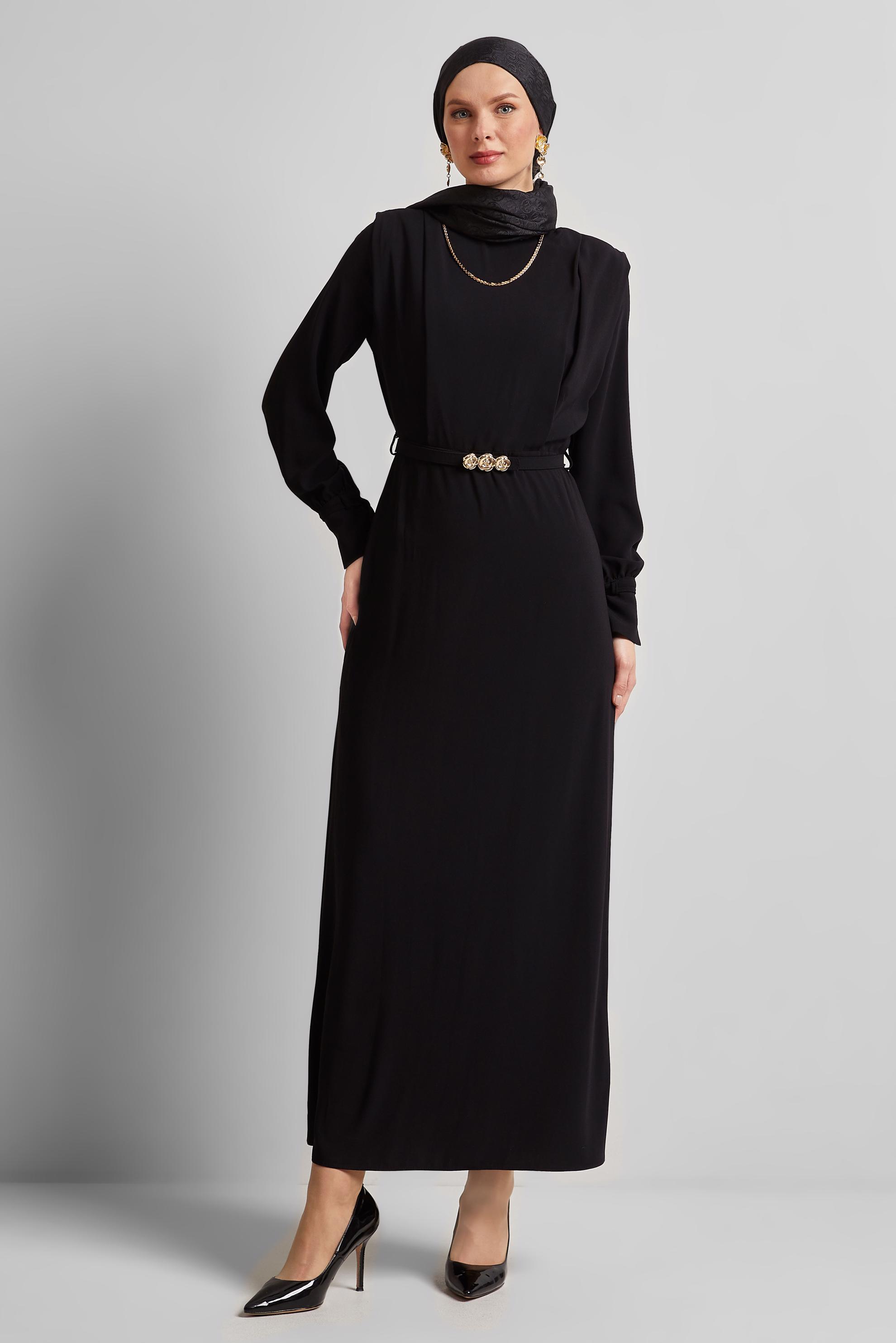 Tesettür giyim SİYAH KEMERLİ ELBİSE 45425