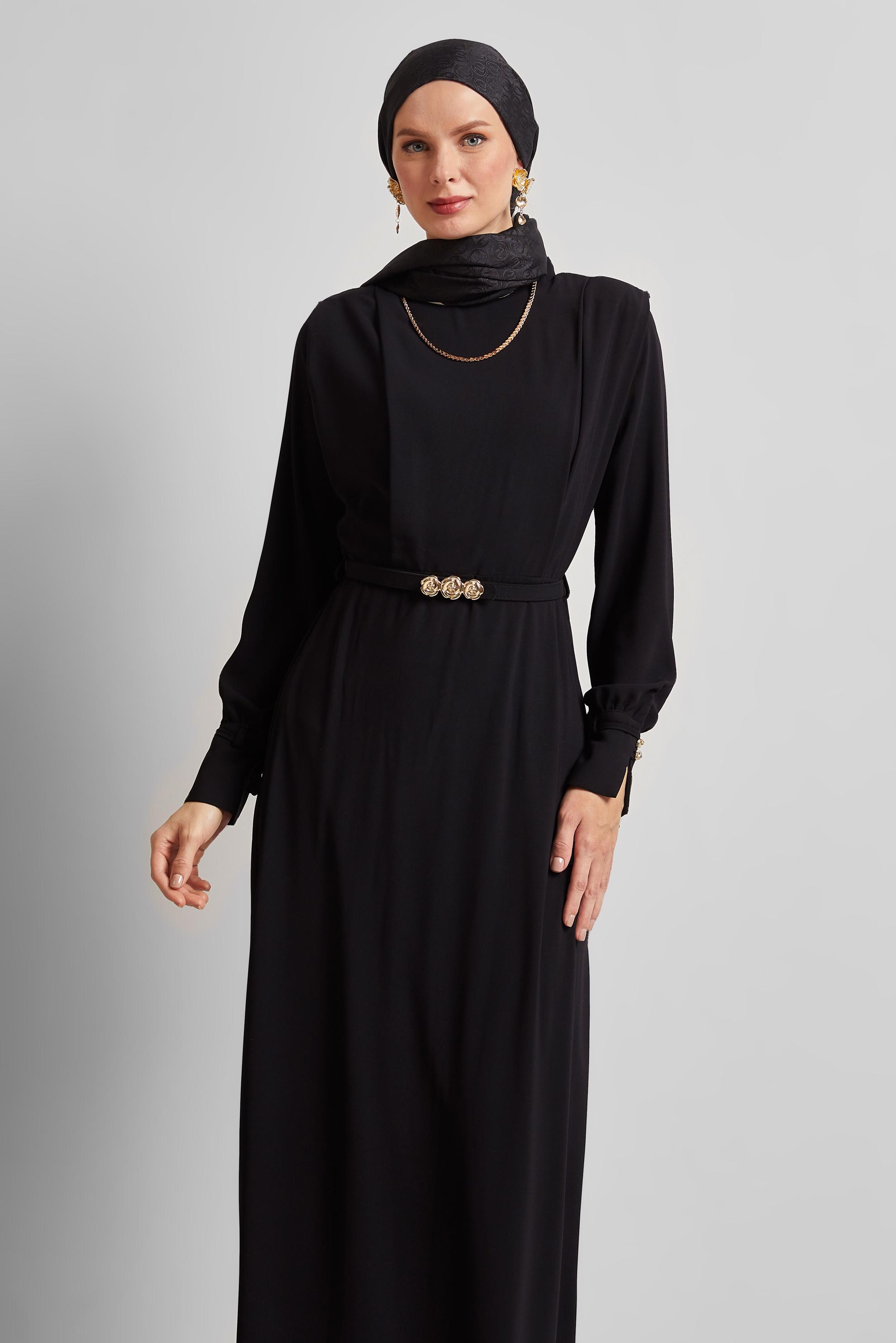 Tesettür giyim SİYAH KEMERLİ ELBİSE 45425