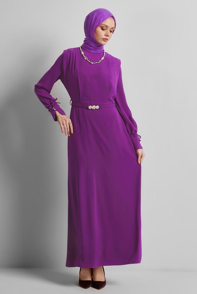 Hijab clothing PURPLE BELTED DRESS 45425 - ALVİNA