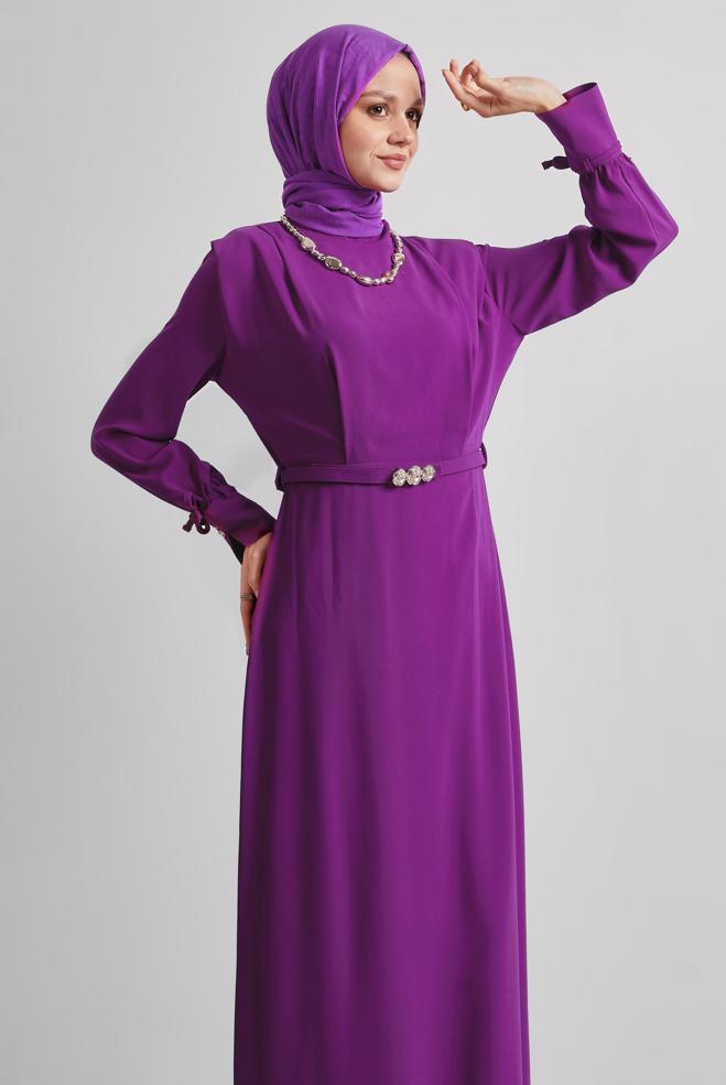 Hijab clothing PURPLE BELTED DRESS 45425 - ALVİNA