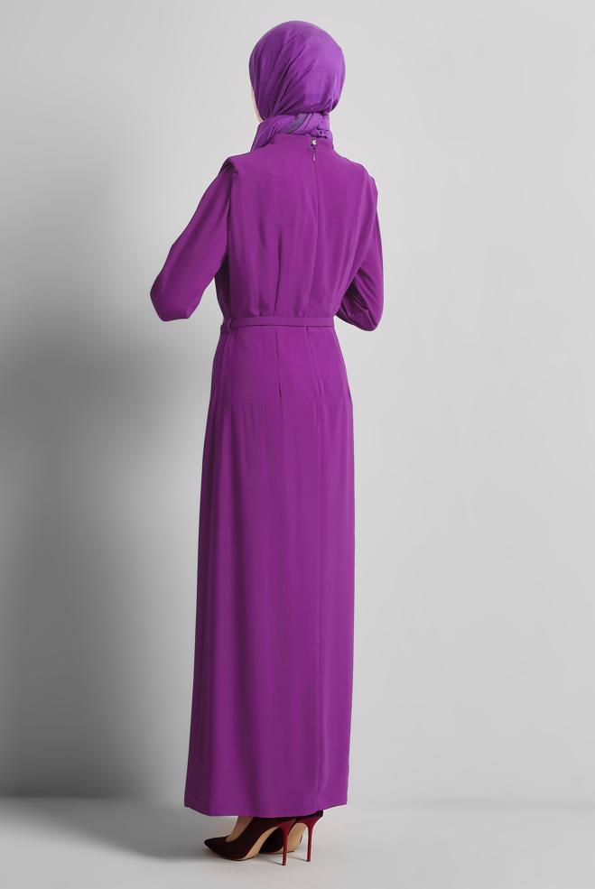 Hijab clothing PURPLE BELTED DRESS 45425 - ALVİNA
