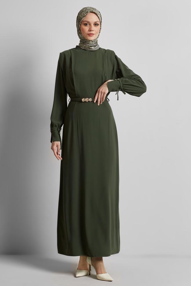 Hijab-Kleidung KHAKI KLEID MIT GÜRTEL 45425 - ALVİNA