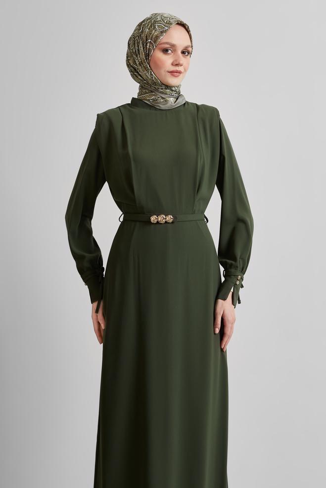 Hijab-Kleidung KHAKI KLEID MIT GÜRTEL 45425 - ALVİNA