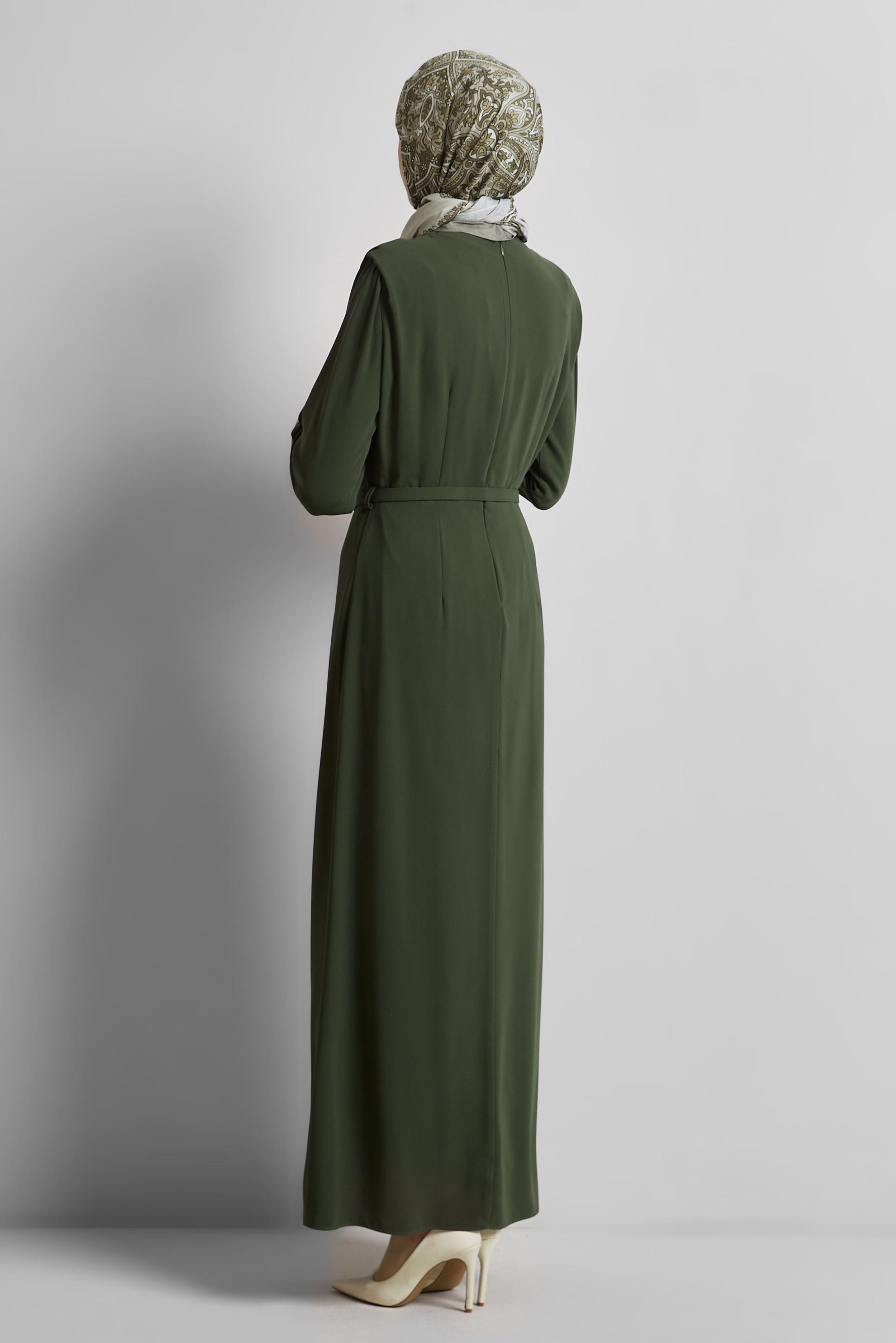 Tesettür giyim HAKİ KEMERLİ ELBİSE 45425