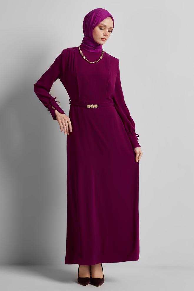 Hijab-Kleidung LILA KLEID MIT GÜRTEL 45425 - ALVİNA