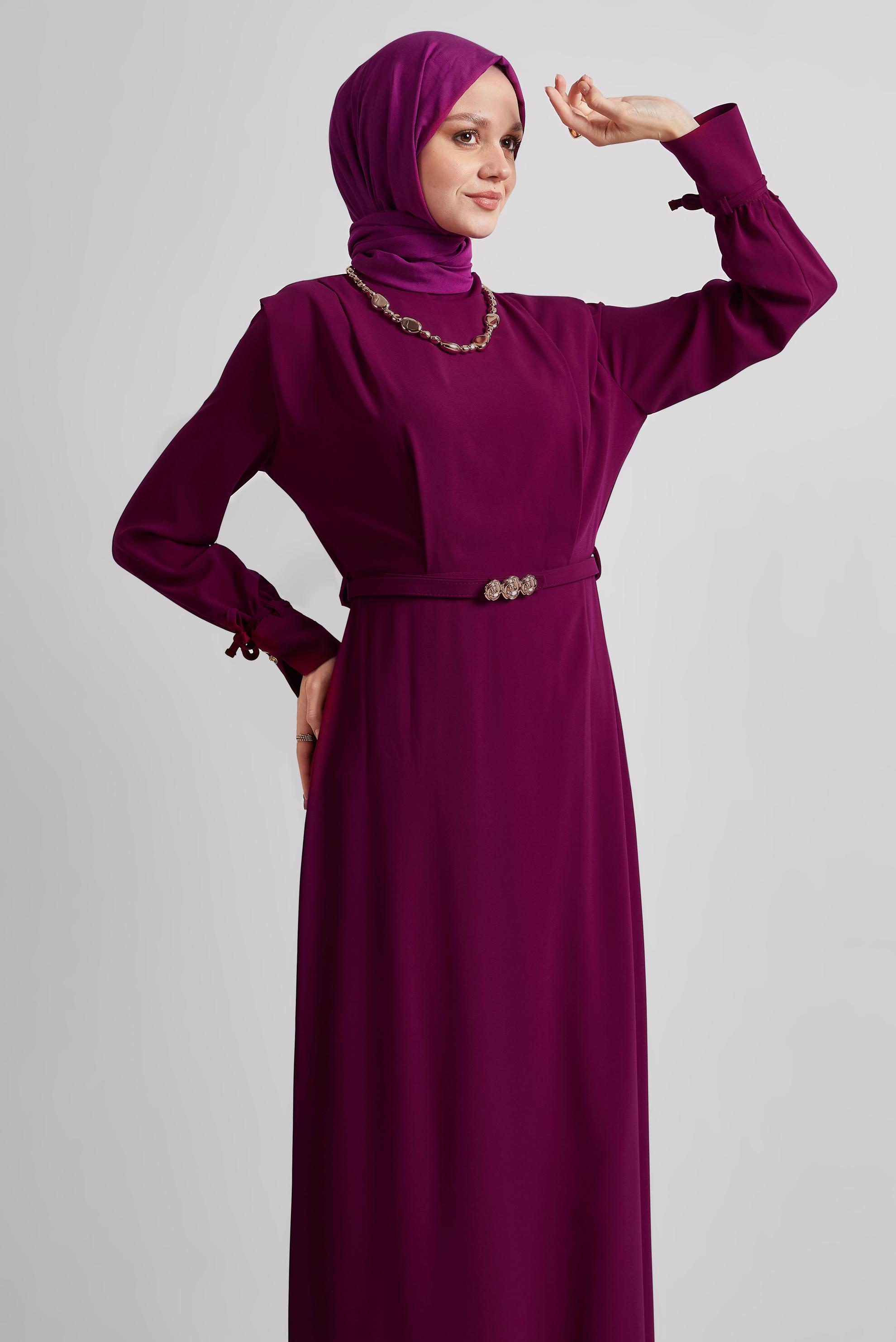 Tesettür giyim MOR KEMERLİ ELBİSE 45425