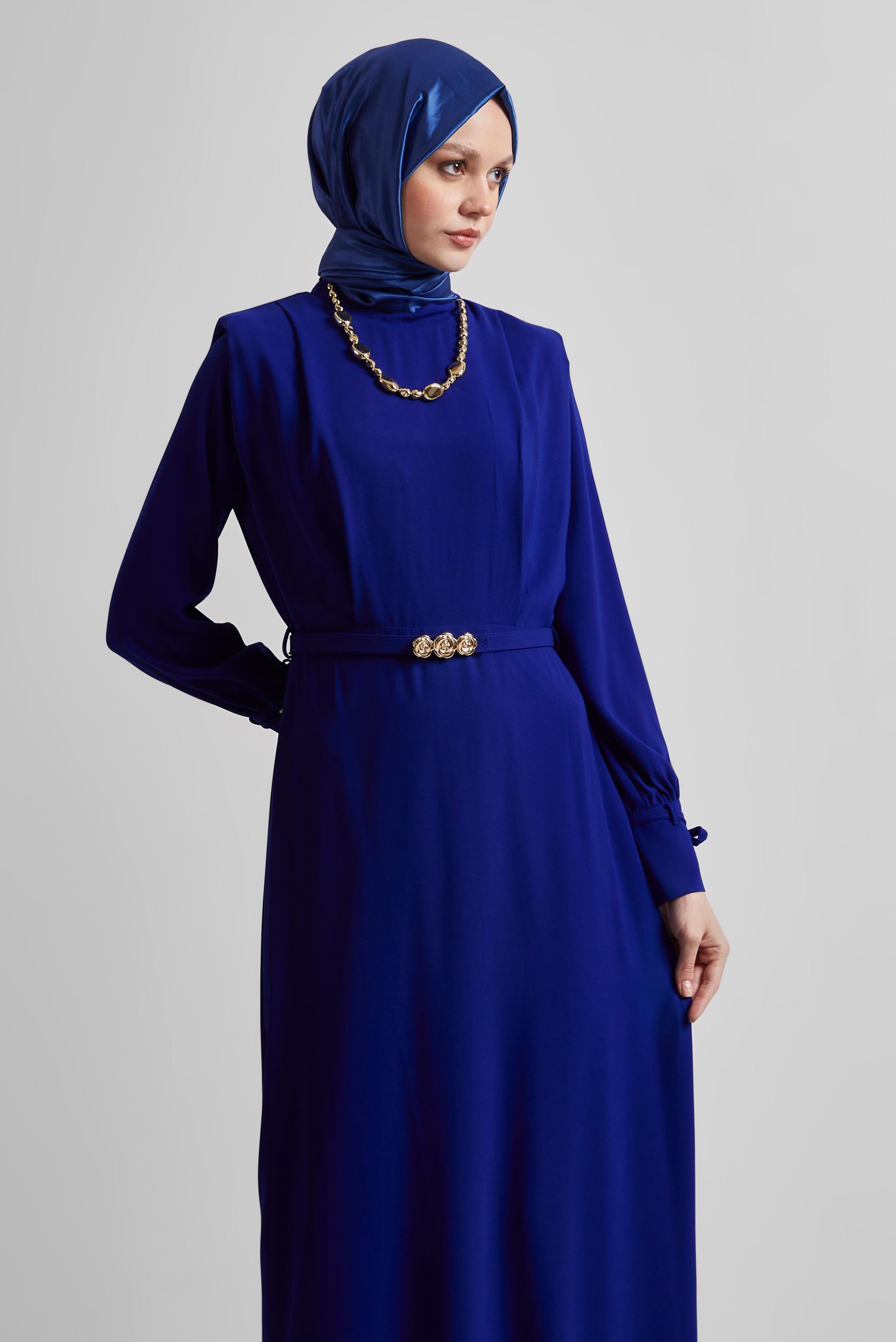 Tesettür giyim MAVİ KEMERLİ ELBİSE 45425