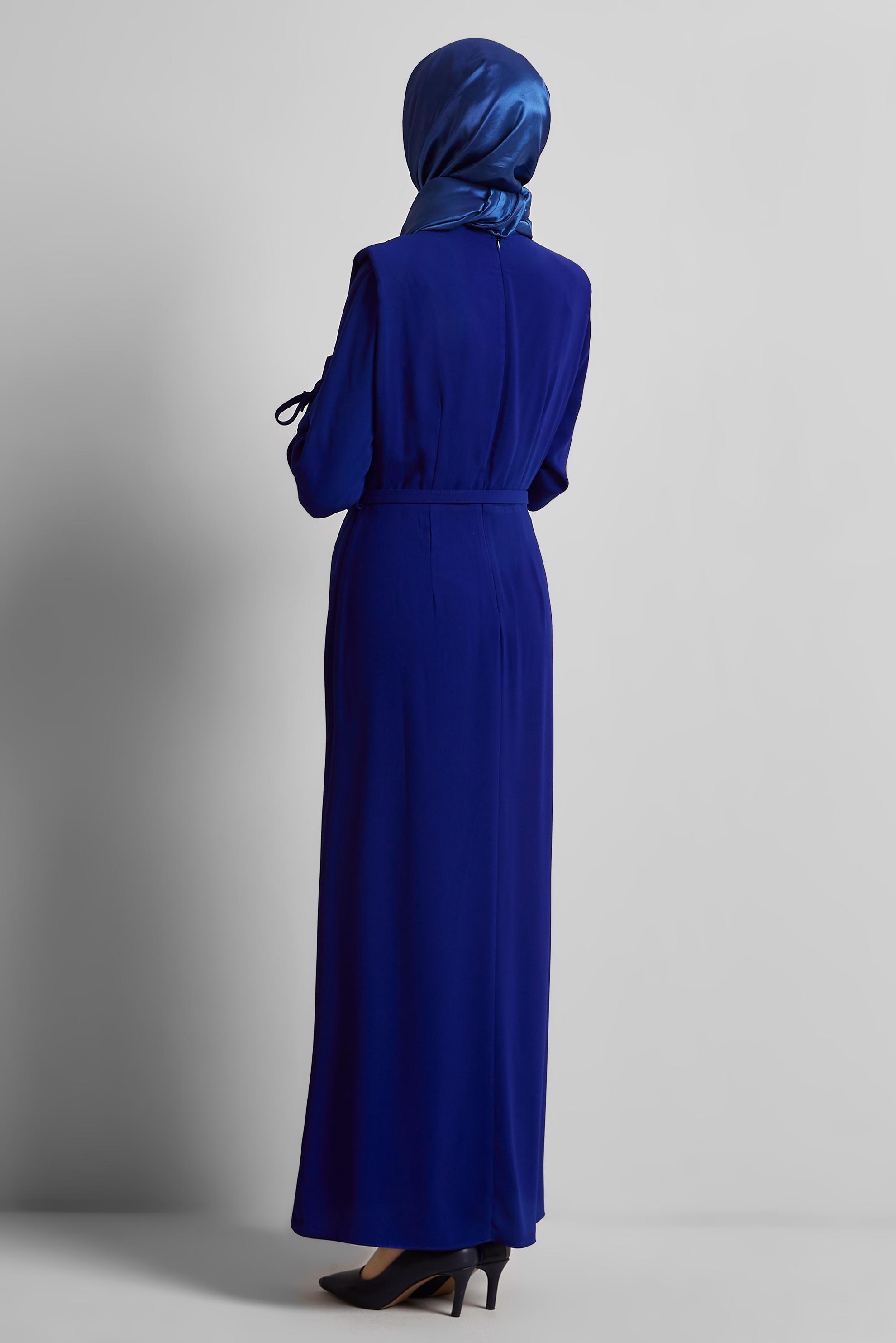 Tesettür giyim MAVİ KEMERLİ ELBİSE 45425