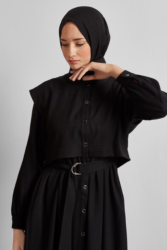 Vêtements hijab NOIR ROBE CEINTURÉE 45428 - ALVİNA