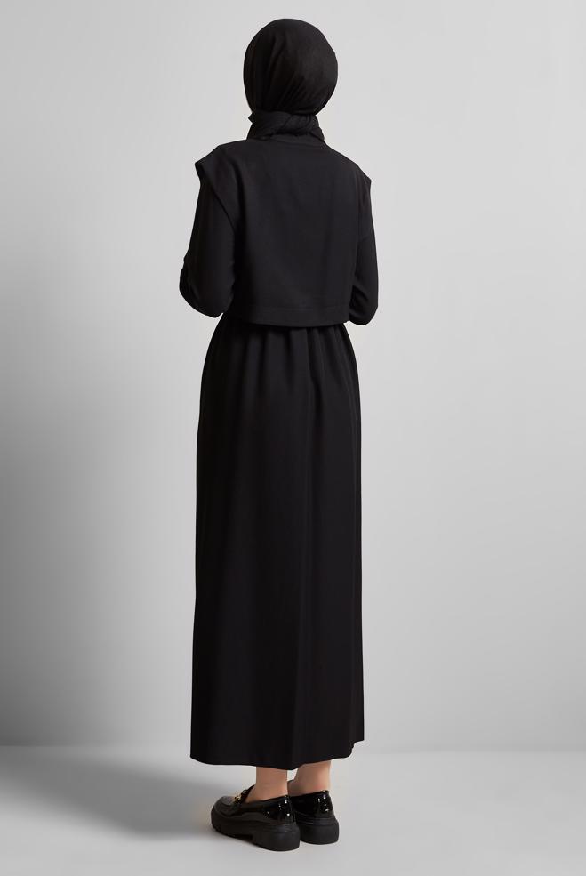 Vêtements hijab NOIR ROBE CEINTURÉE 45428 - ALVİNA