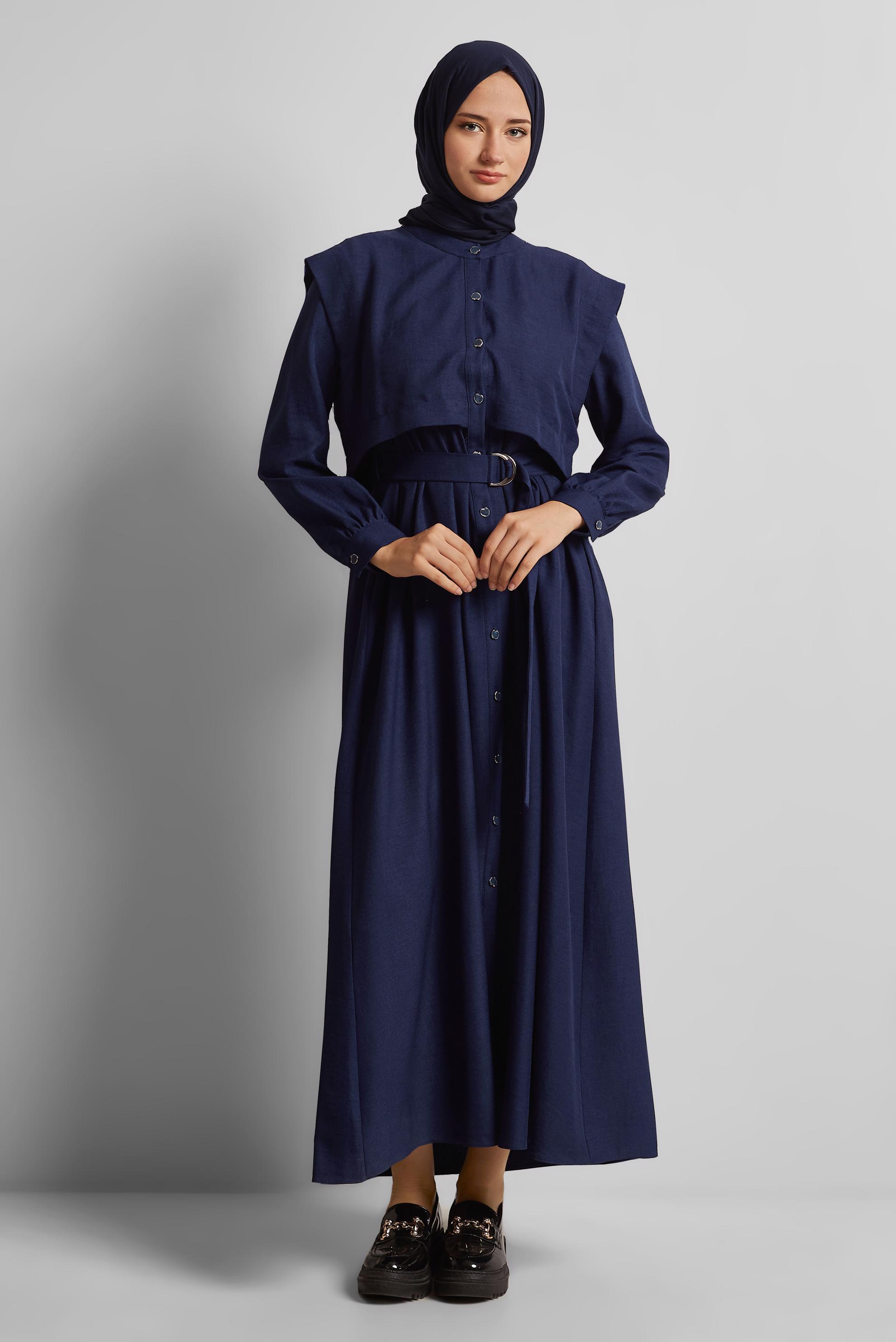Tesettür giyim LACİVERT KEMERLİ ELBİSE 45428