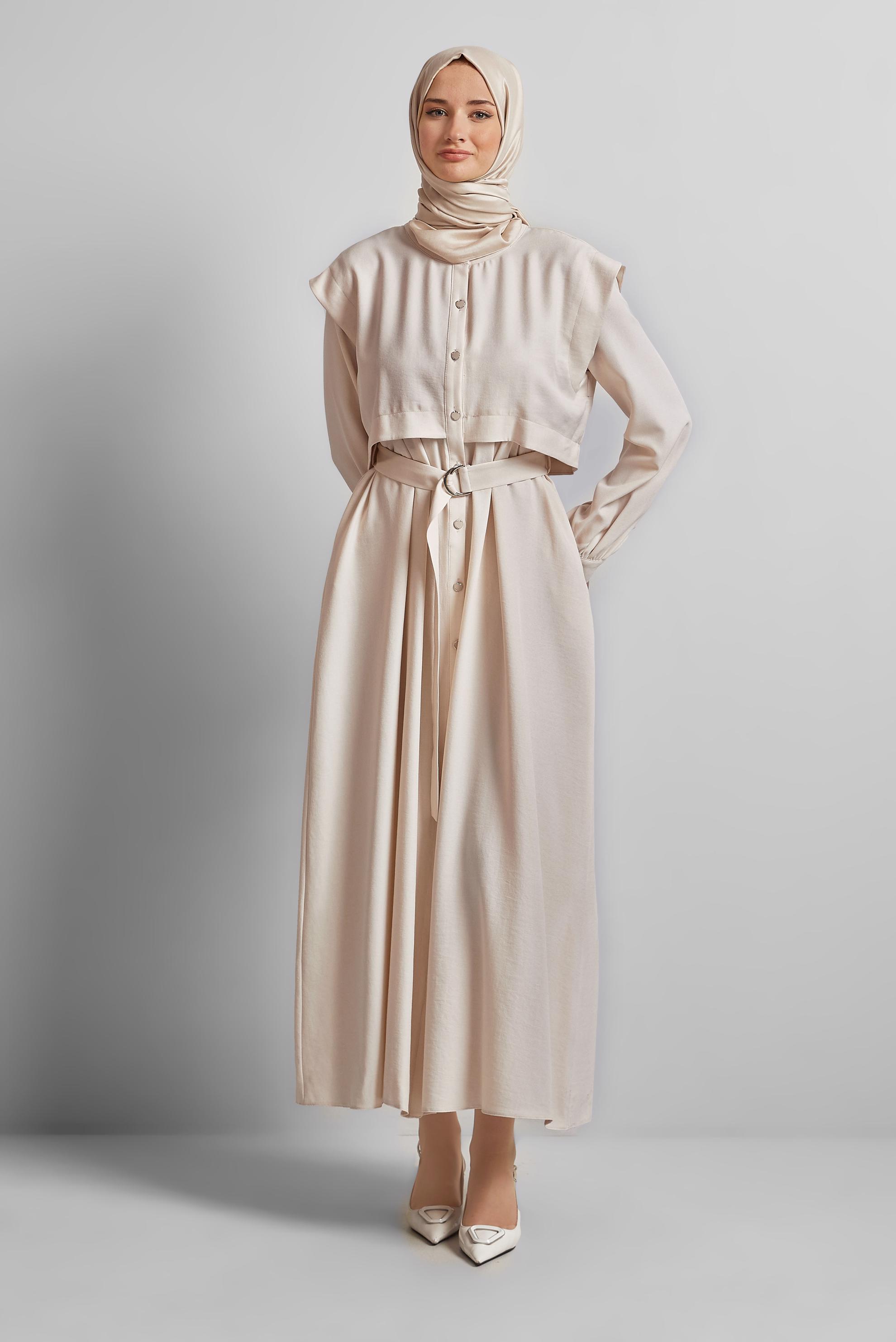 Tesettür giyim BEJ KEMERLİ ELBİSE 45428