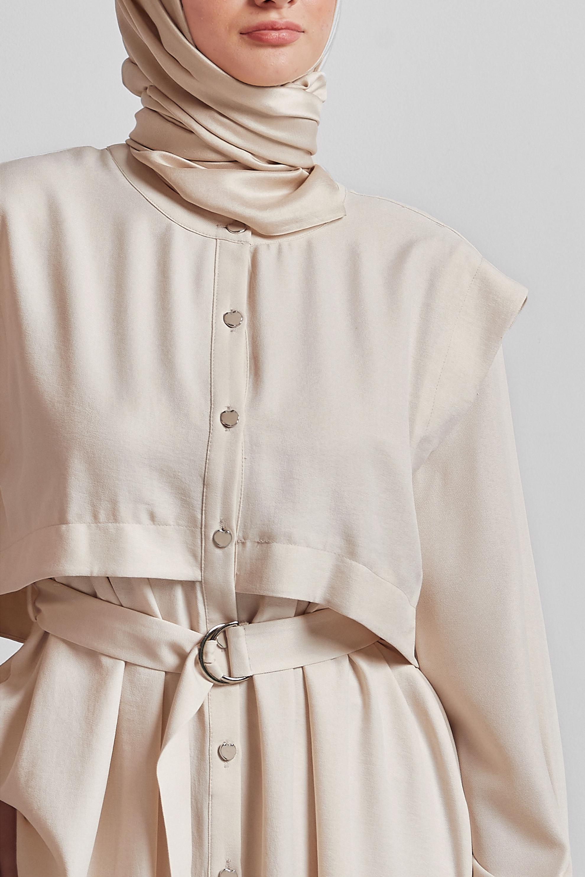 Tesettür giyim BEJ KEMERLİ ELBİSE 45428