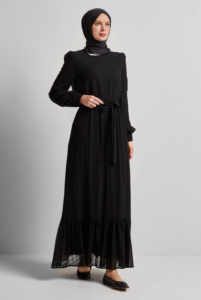 Hijab-Kleidung SCHWARZ CHIFFONKLEID MIT GÜRTEL 45431 - ALVİNA