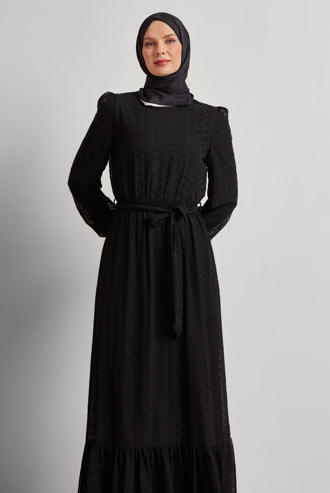Hijab-Kleidung SCHWARZ CHIFFONKLEID MIT GÜRTEL 45431 - ALVİNA