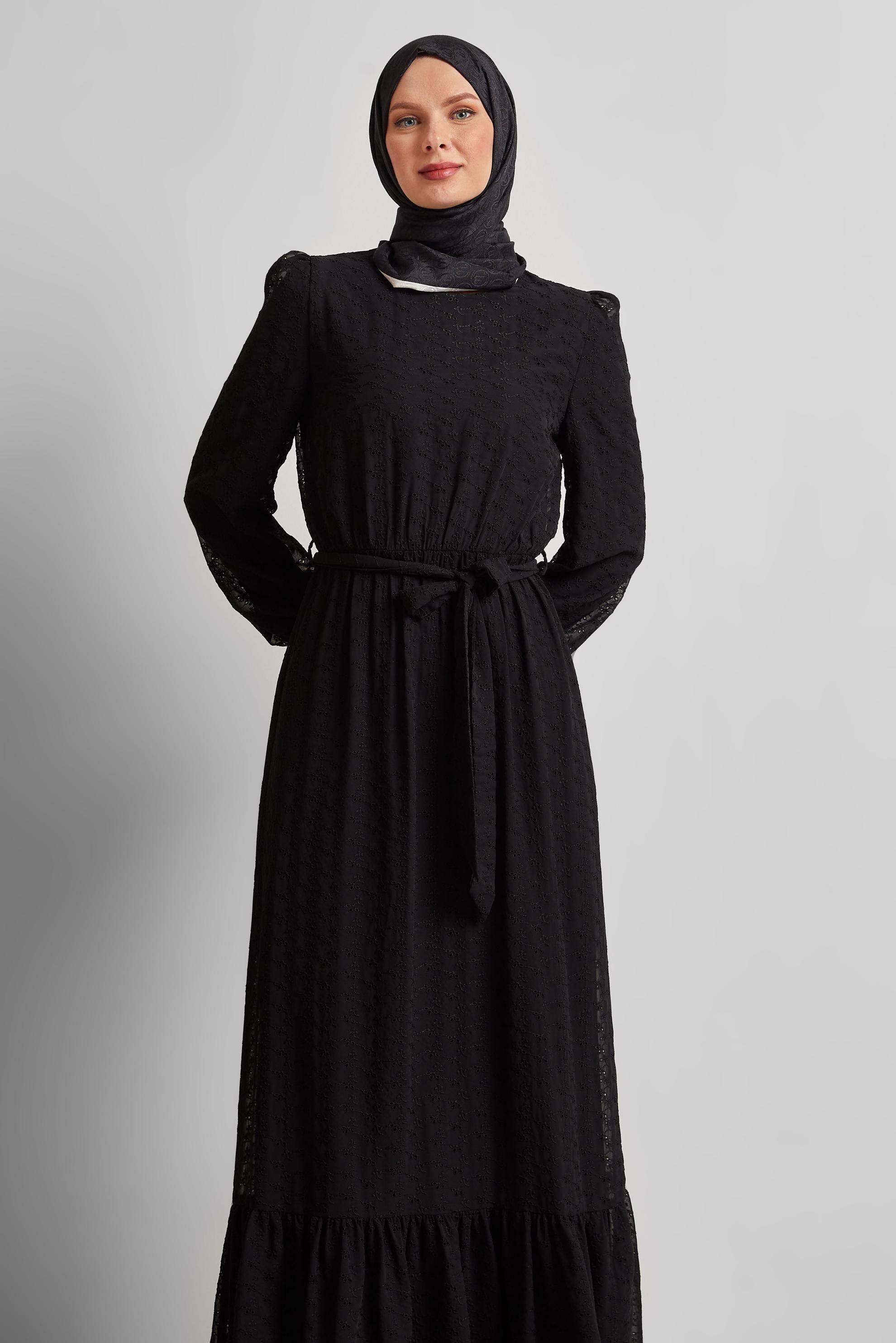 Tesettür giyim SİYAH KUŞAKLI ŞİFON ELBİSE 45431