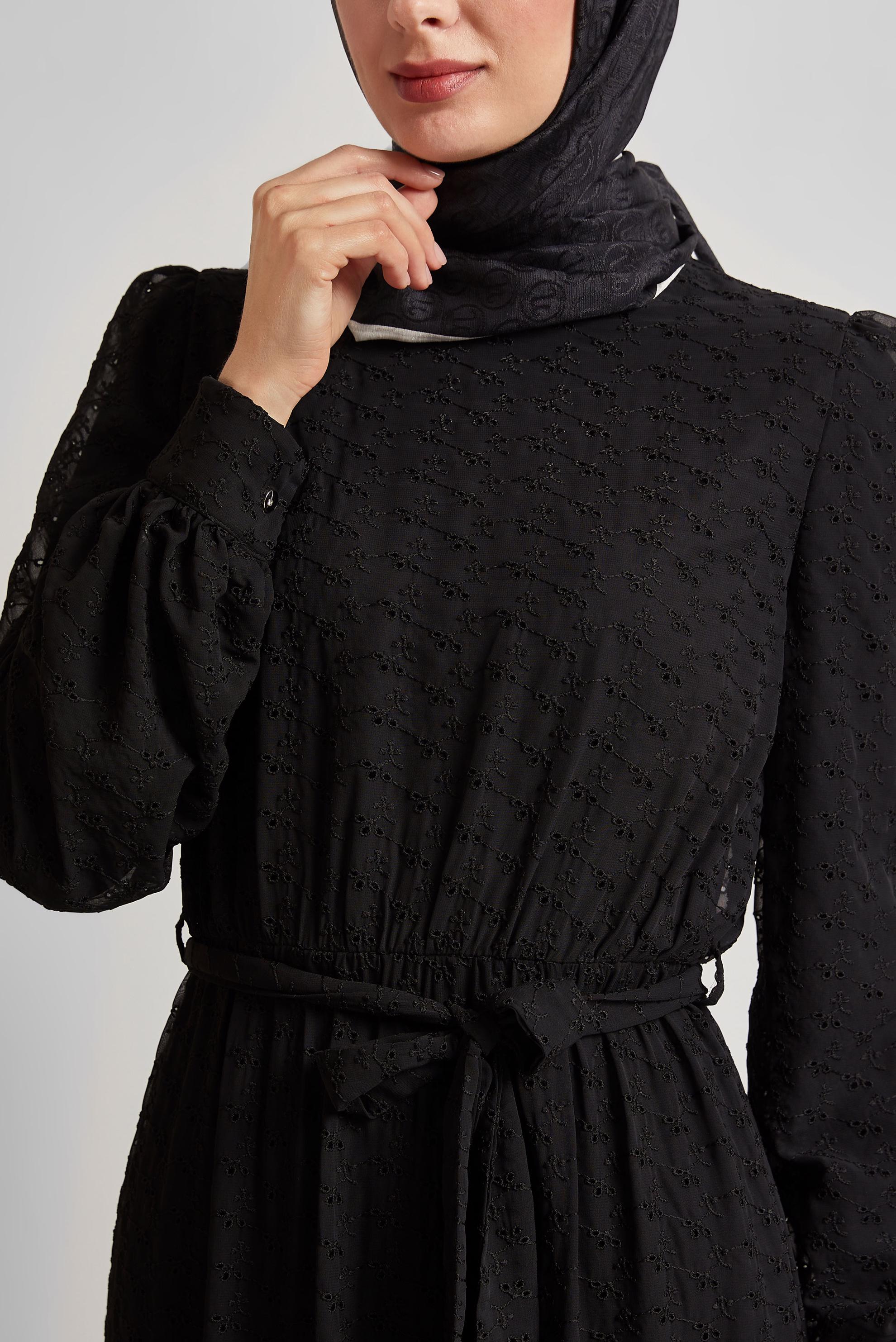 Tesettür giyim SİYAH KUŞAKLI ŞİFON ELBİSE 45431