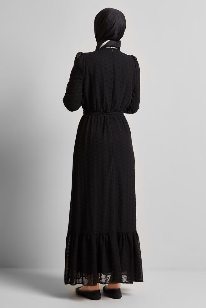 Hijab-Kleidung SCHWARZ CHIFFONKLEID MIT GÜRTEL 45431 - ALVİNA