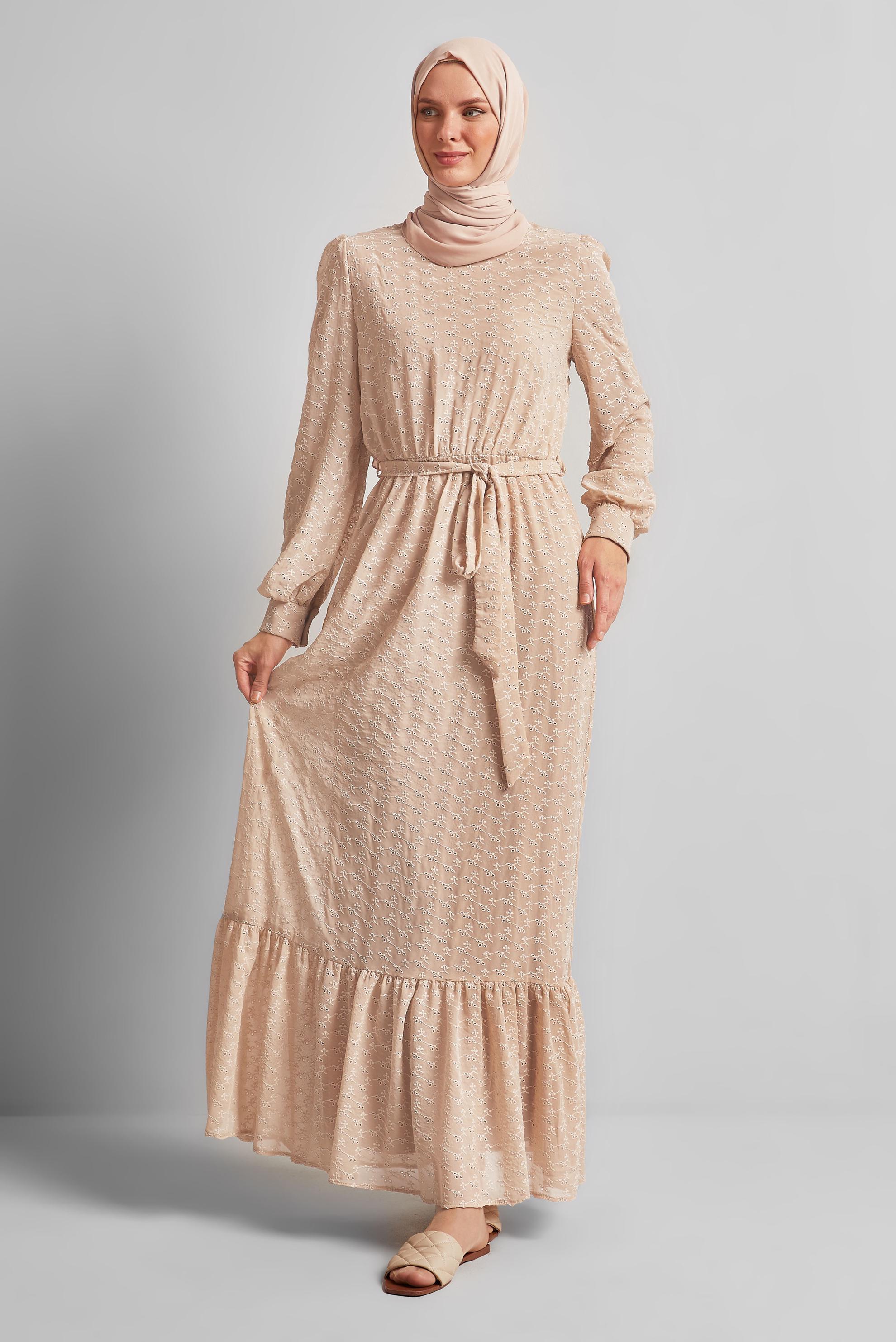 Tesettür giyim BEJ KUŞAKLI ŞİFON ELBİSE 45431