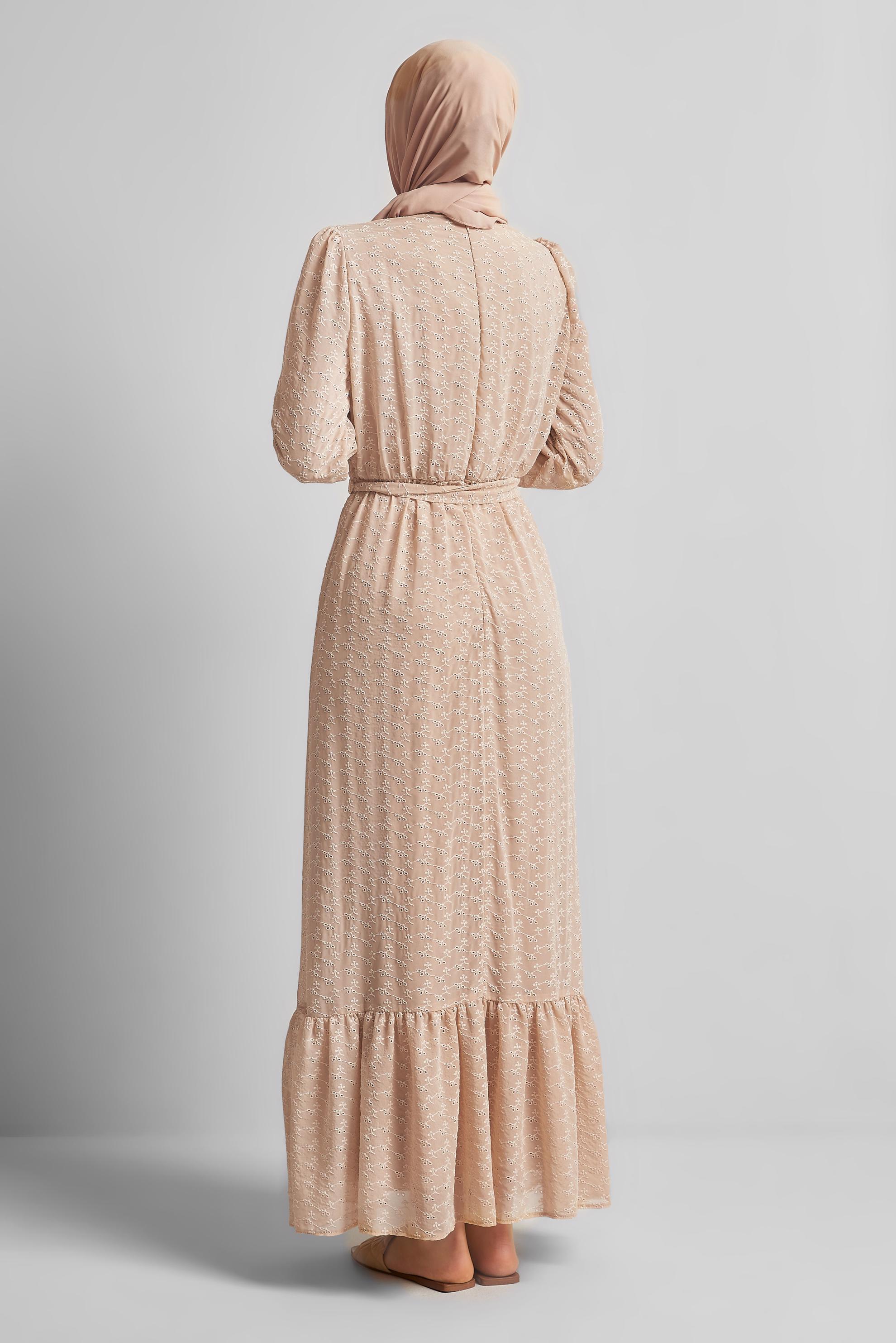 Tesettür giyim BEJ KUŞAKLI ŞİFON ELBİSE 45431