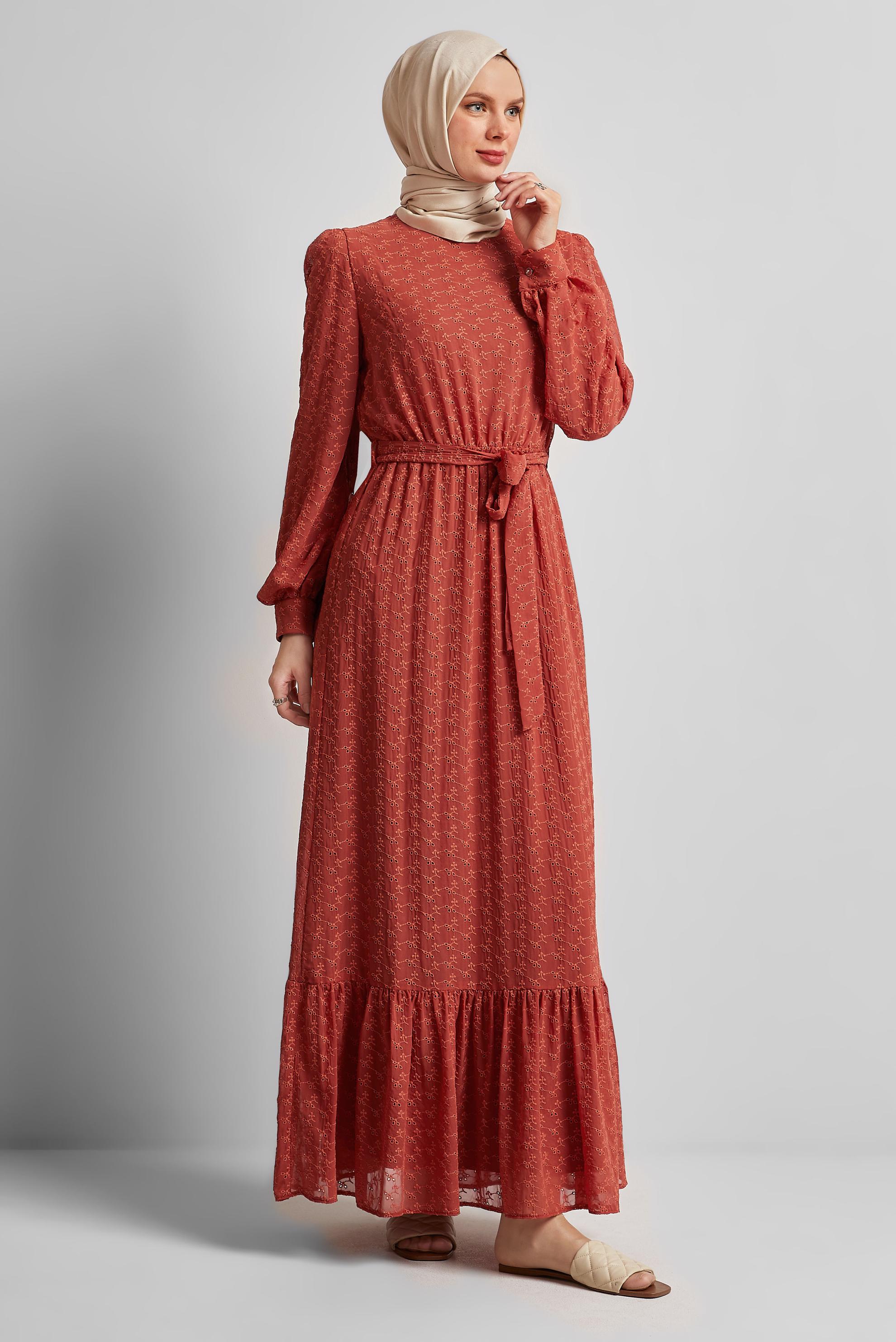 Tesettür giyim TURUNCU KUŞAKLI ŞİFON ELBİSE 45431