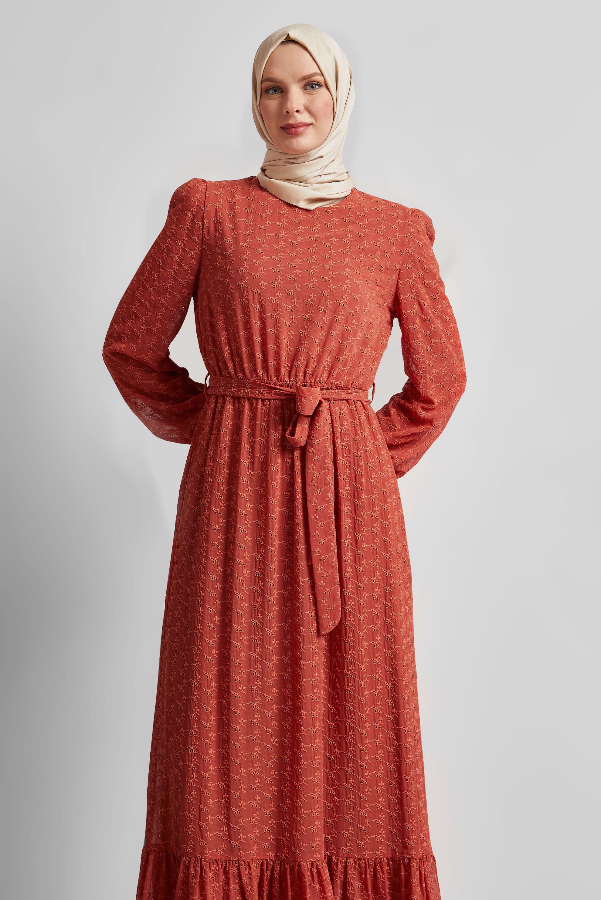 Tesettür giyim TURUNCU KUŞAKLI ŞİFON ELBİSE 45431