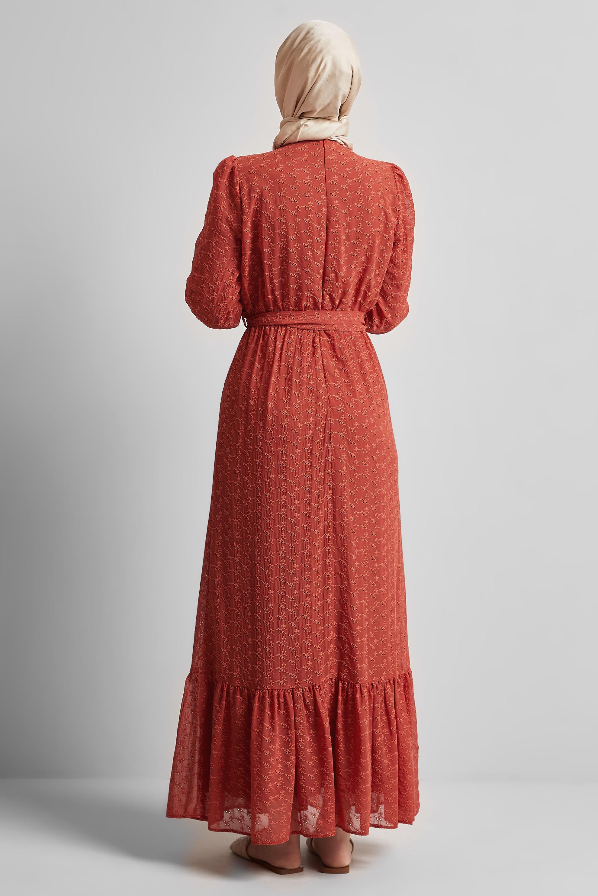 Tesettür giyim TURUNCU KUŞAKLI ŞİFON ELBİSE 45431