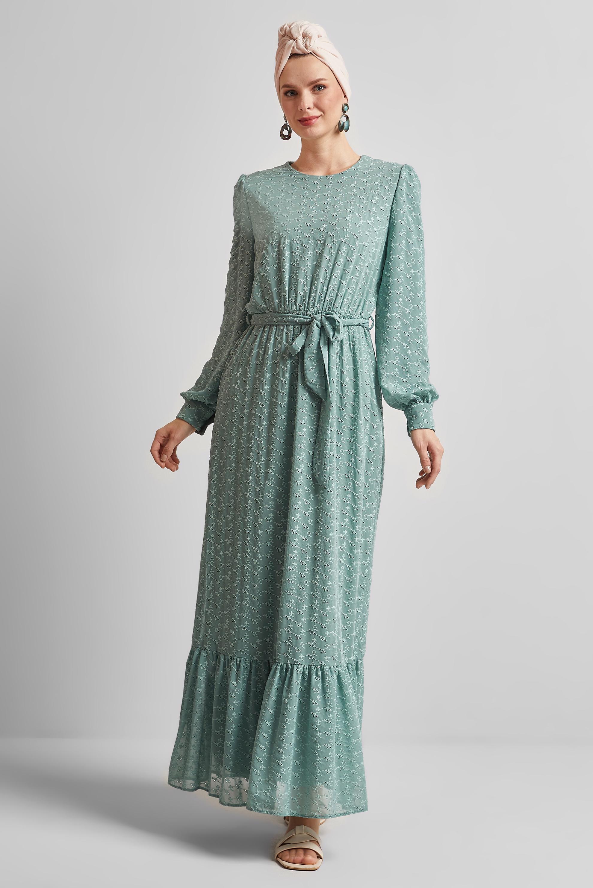 Tesettür giyim YEŞİL KUŞAKLI ŞİFON ELBİSE 45431