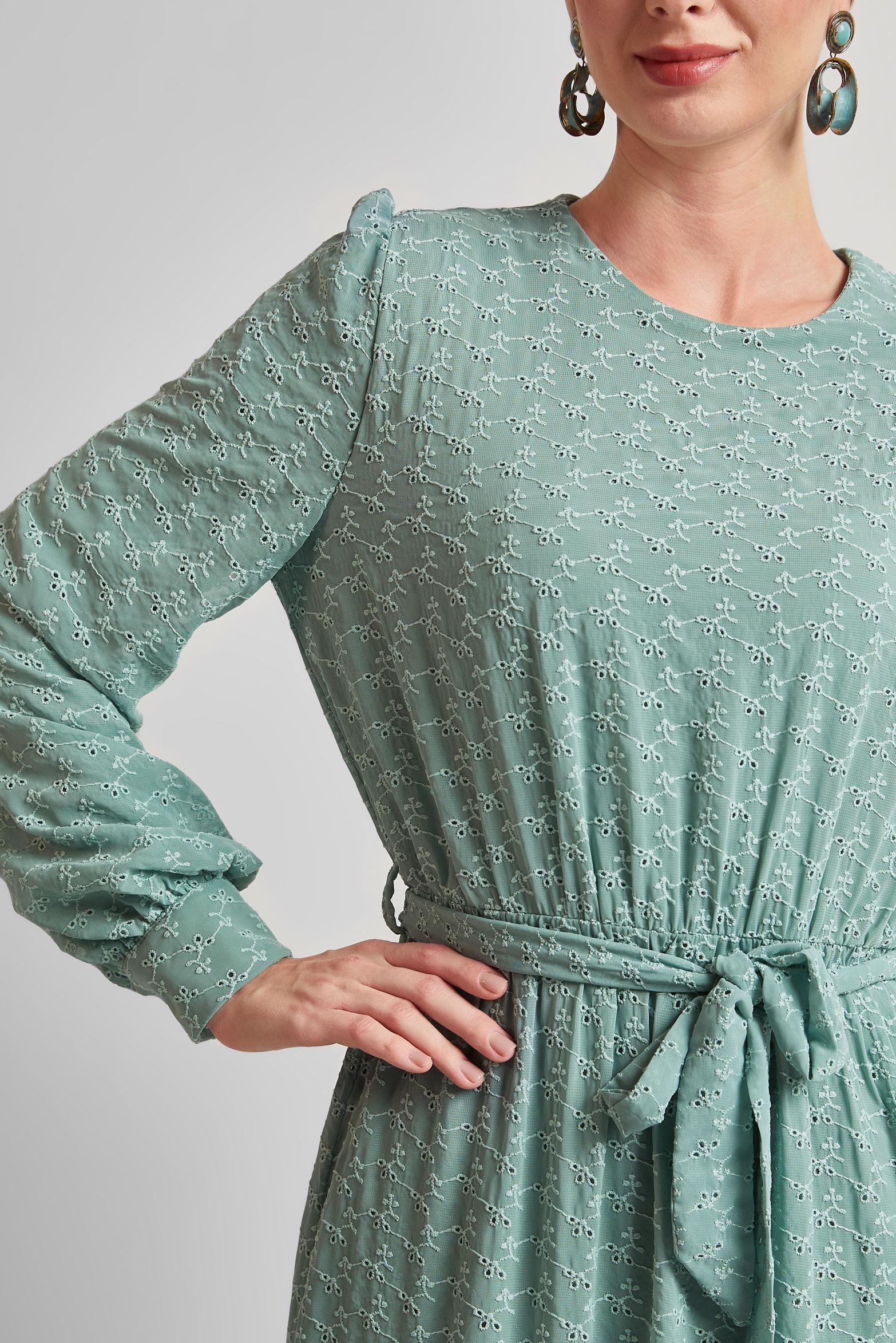 Tesettür giyim YEŞİL KUŞAKLI ŞİFON ELBİSE 45431