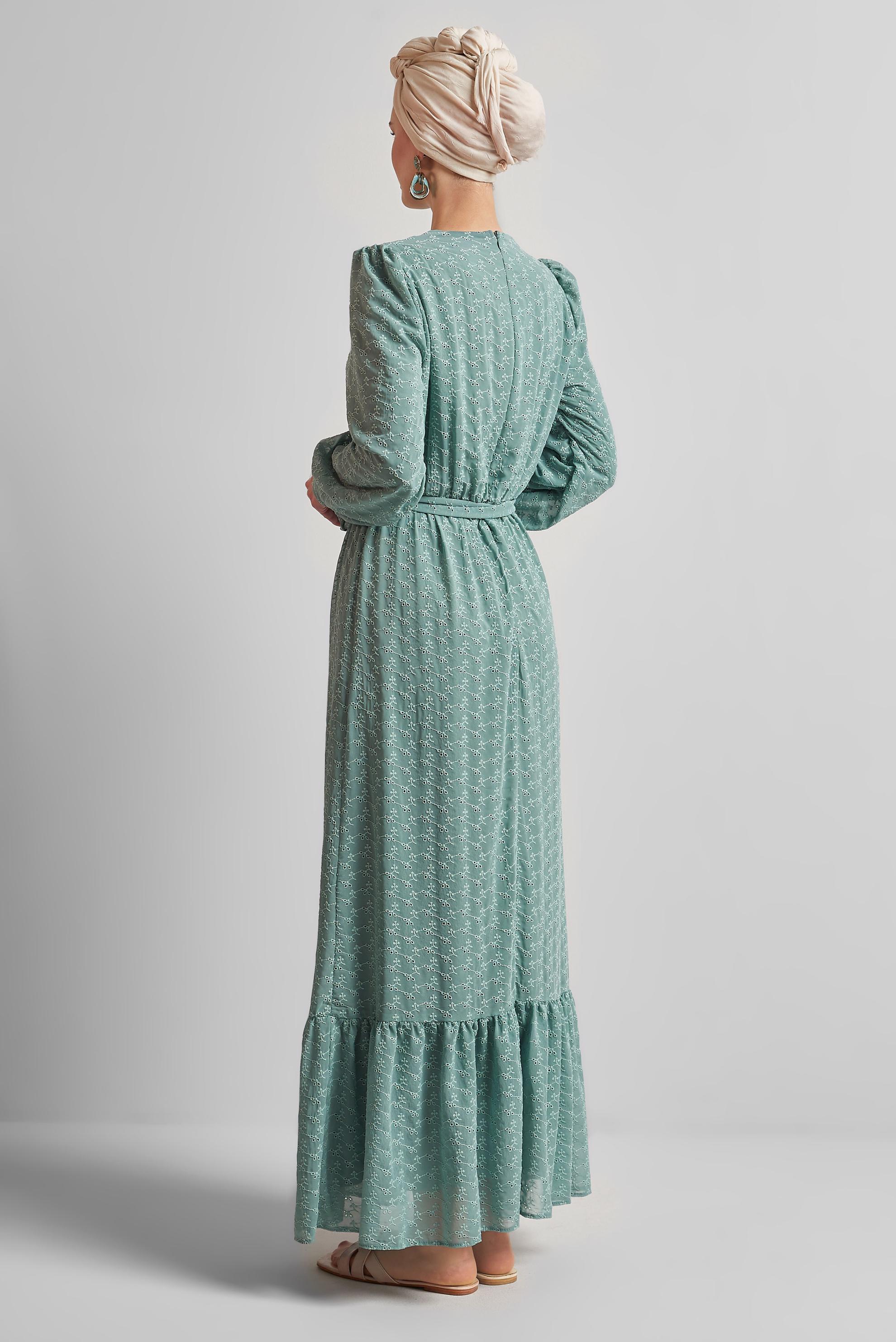 Tesettür giyim YEŞİL KUŞAKLI ŞİFON ELBİSE 45431