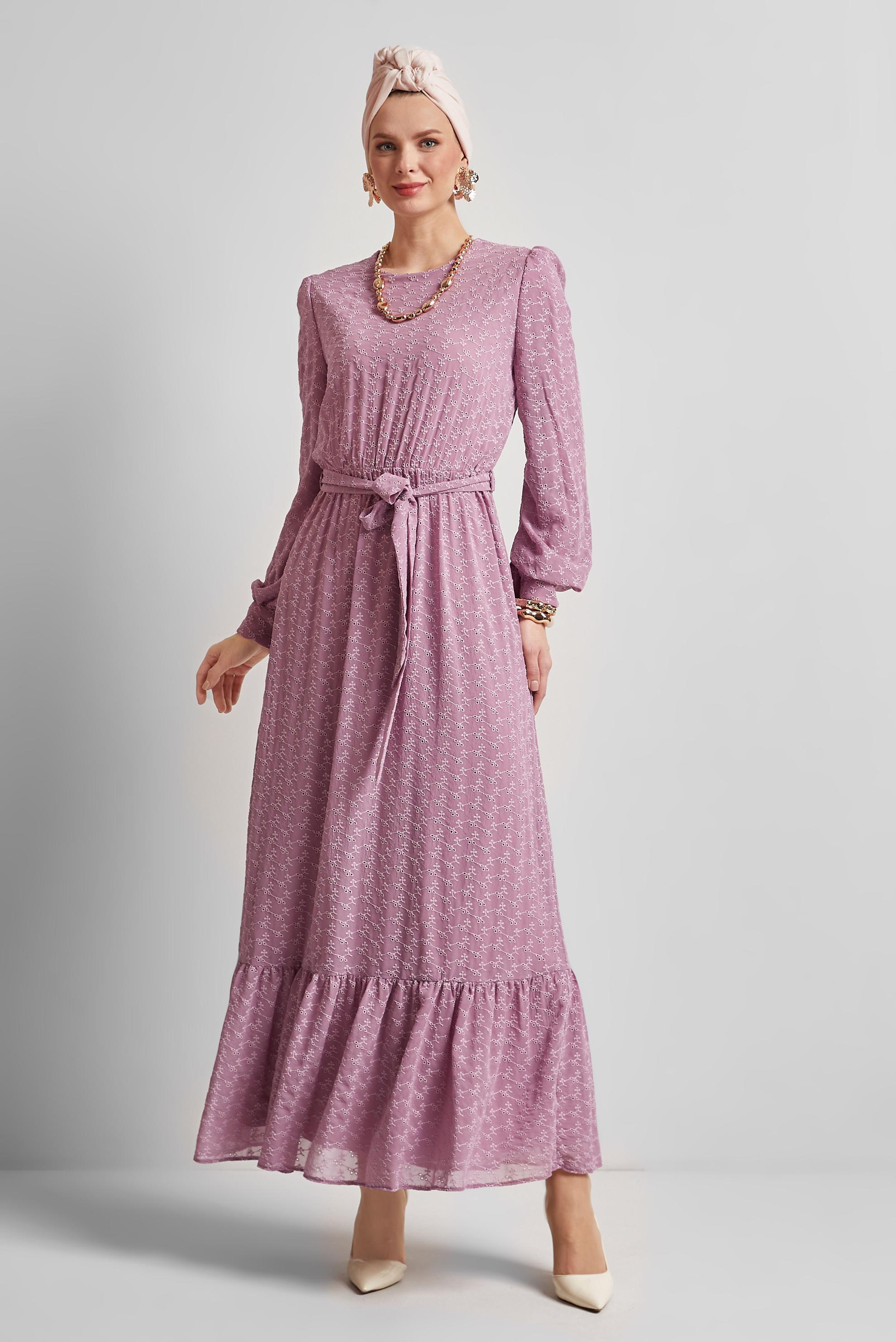 Tesettür giyim PEMBE KUŞAKLI ŞİFON ELBİSE 45431