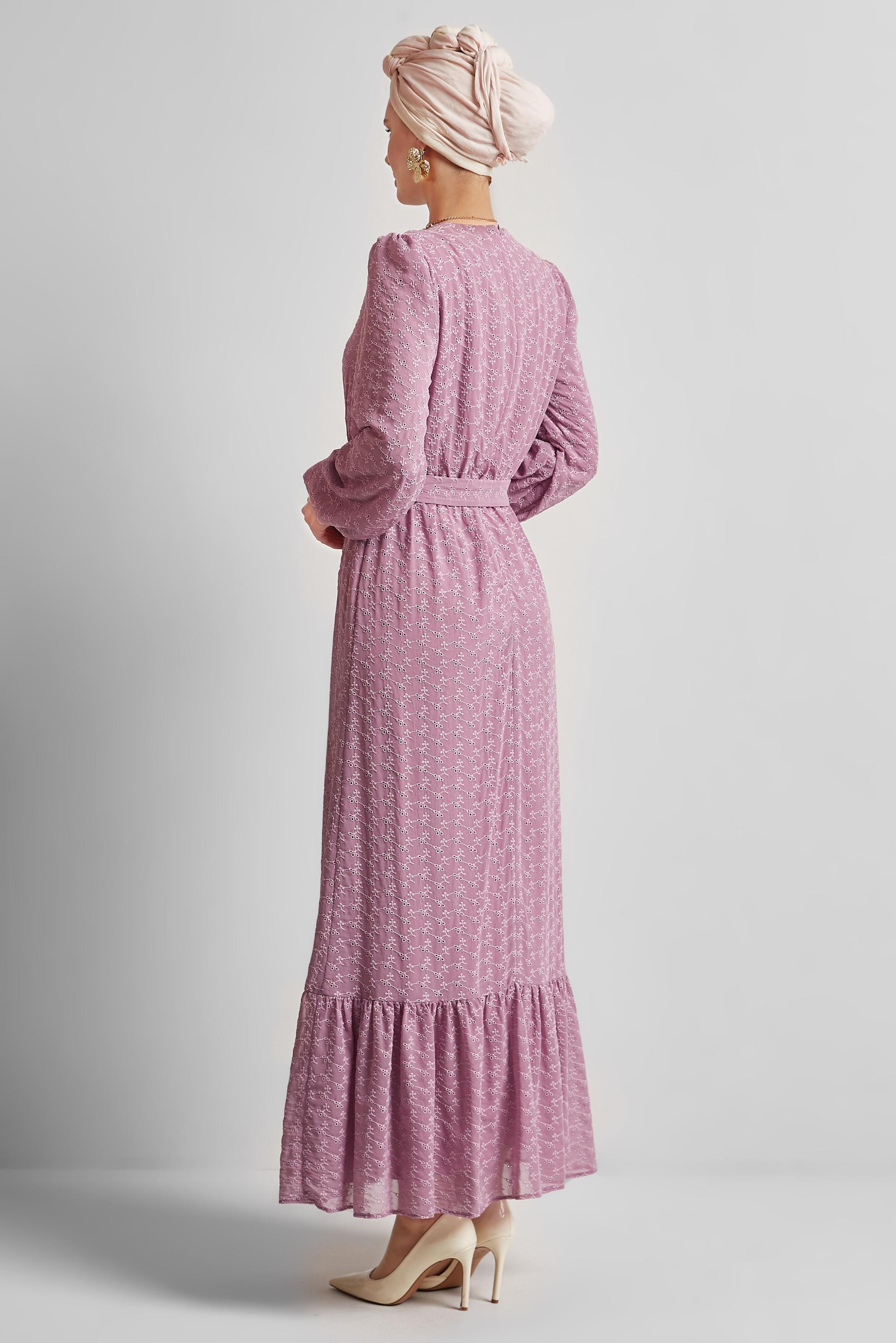 Tesettür giyim PEMBE KUŞAKLI ŞİFON ELBİSE 45431
