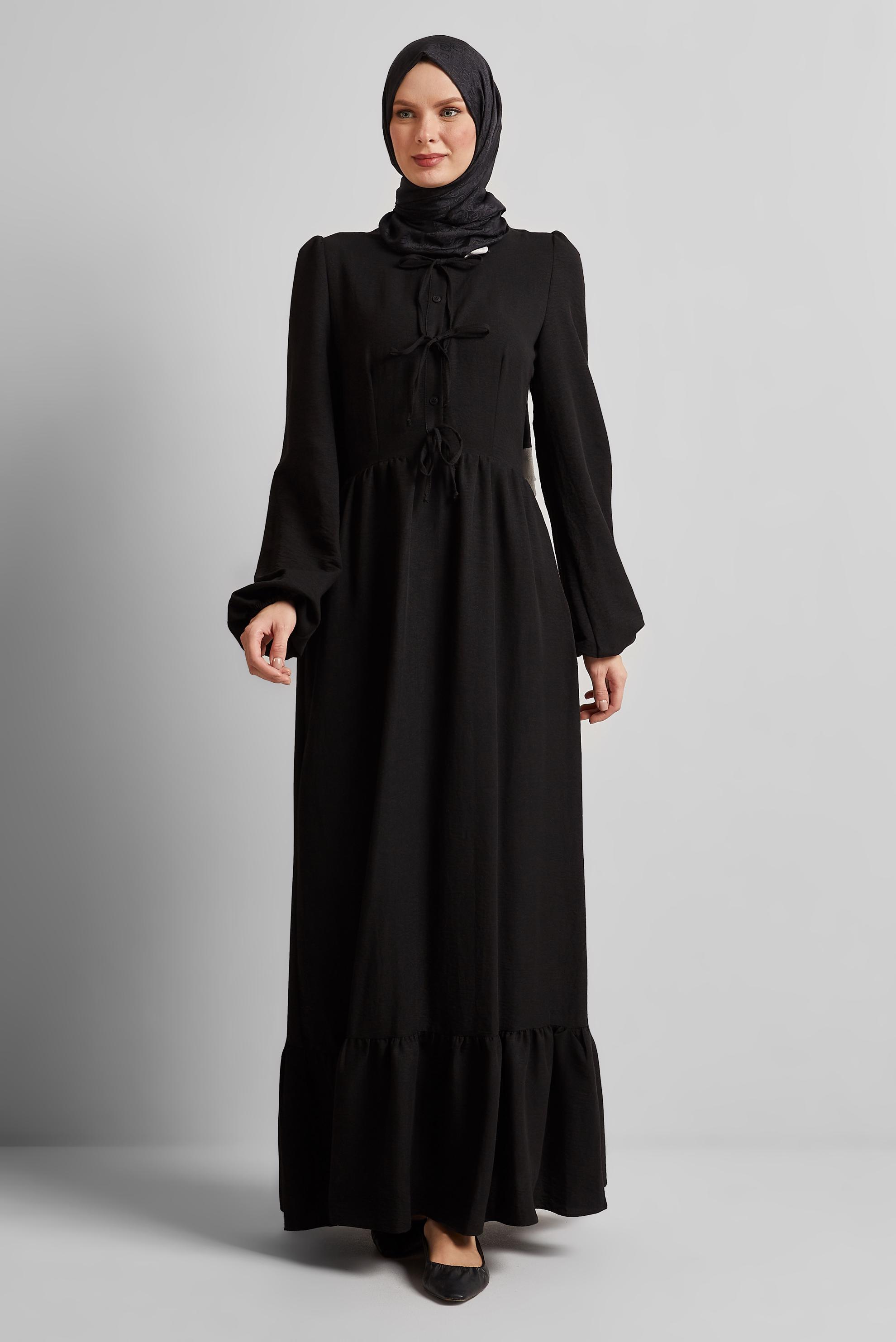 Tesettür giyim SİYAH BAĞCIKLI ELBİSE 45433