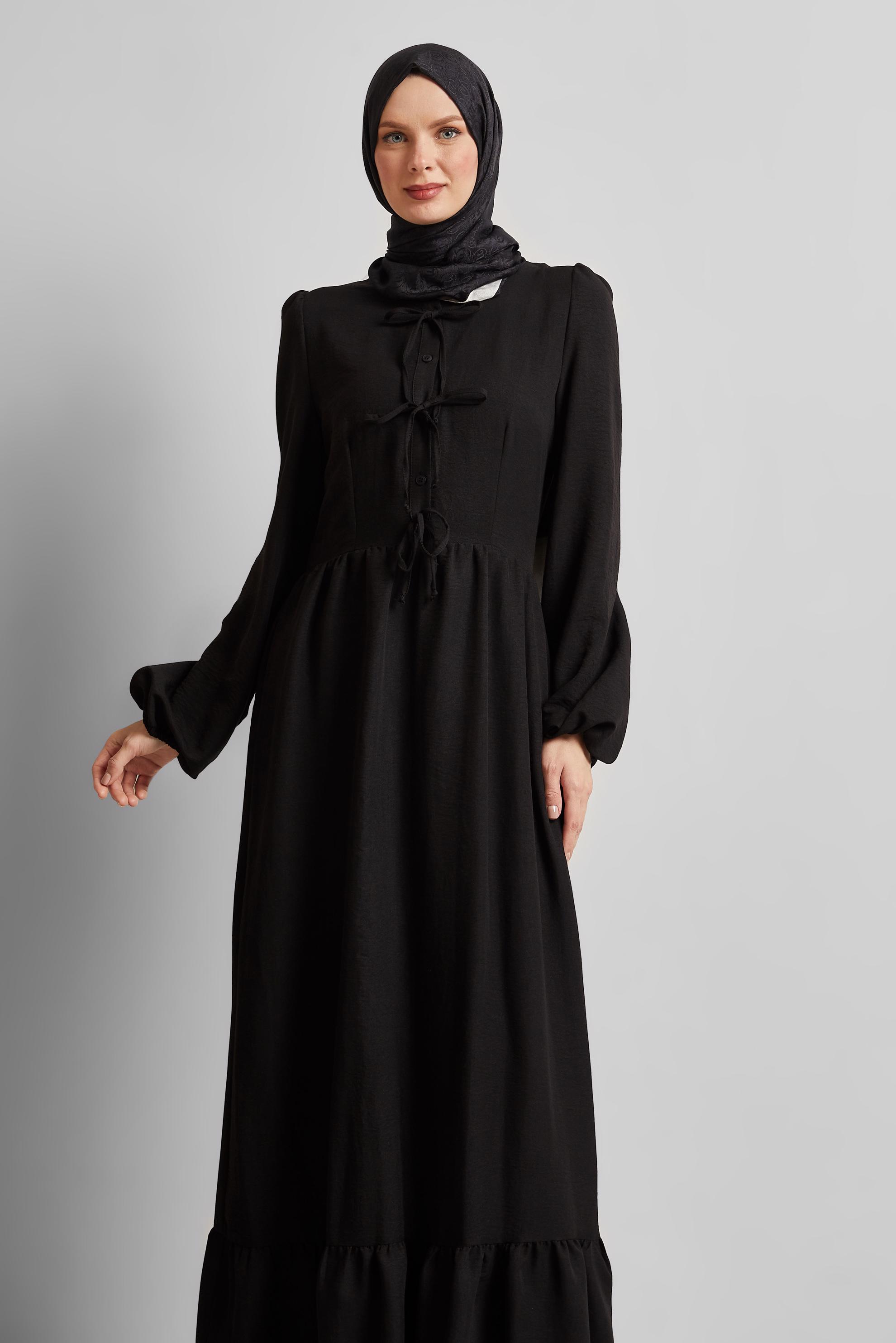 Tesettür giyim SİYAH BAĞCIKLI ELBİSE 45433