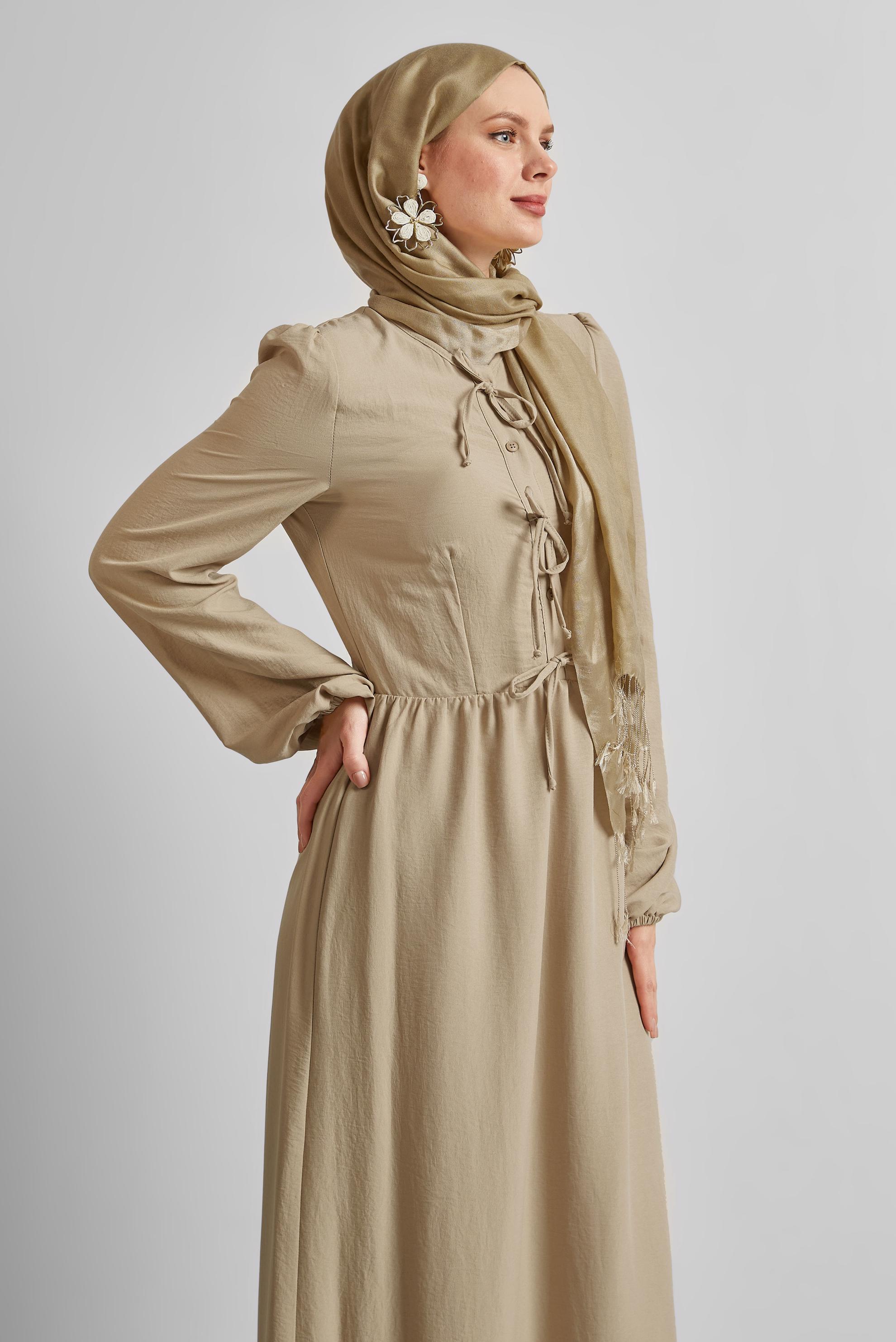 Tesettür giyim KAHVE BAĞCIKLI ELBİSE 45433