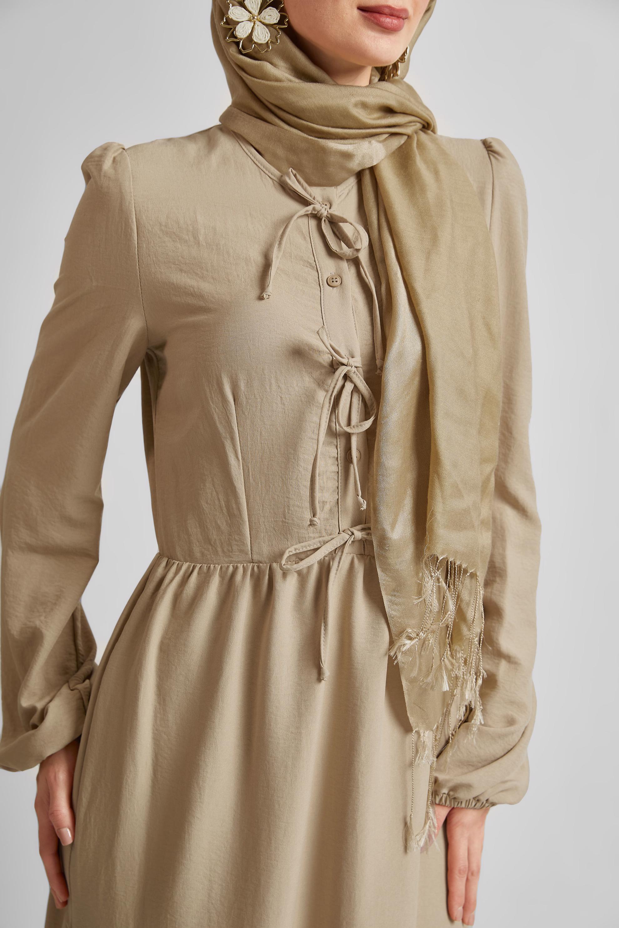 Tesettür giyim KAHVE BAĞCIKLI ELBİSE 45433