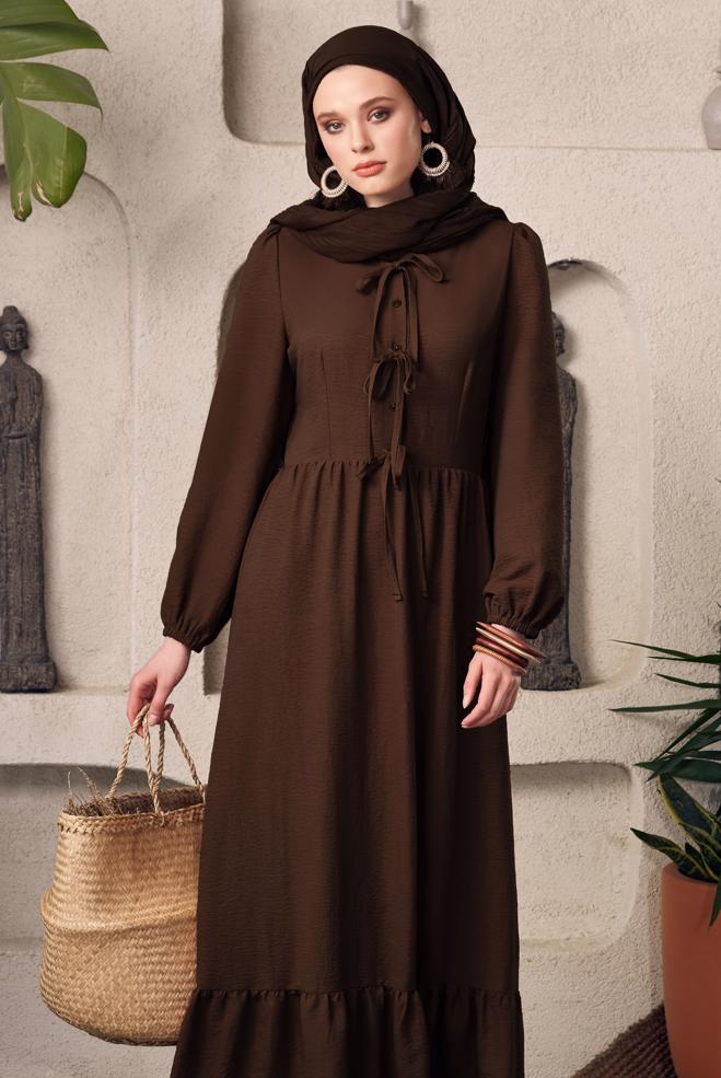Hijab-Kleidung BRAUN GEBUNDENES KLEID 45433 - ALVİNA