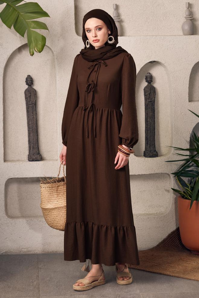 Hijab-Kleidung BRAUN GEBUNDENES KLEID 45433 - ALVİNA