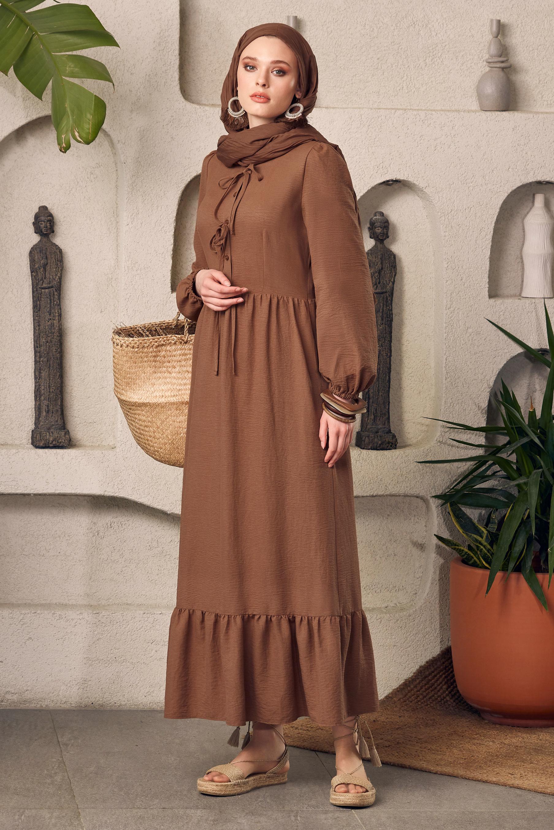 Tesettür giyim KAHVE BAĞCIKLI ELBİSE 45433