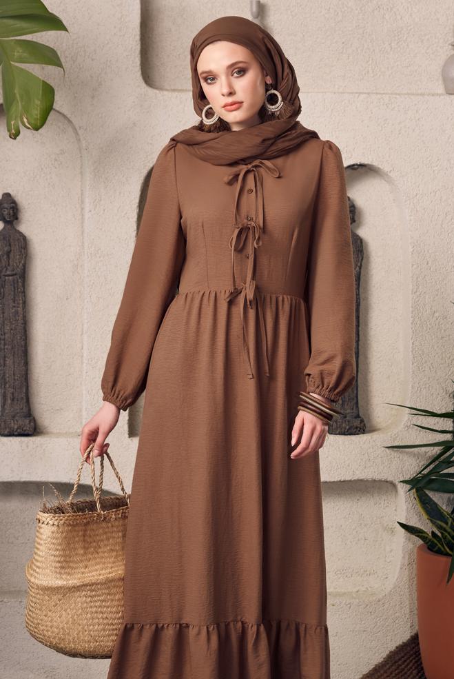 Vêtements hijab BRUN ROBE NOUÉE 45433 - ALVİNA