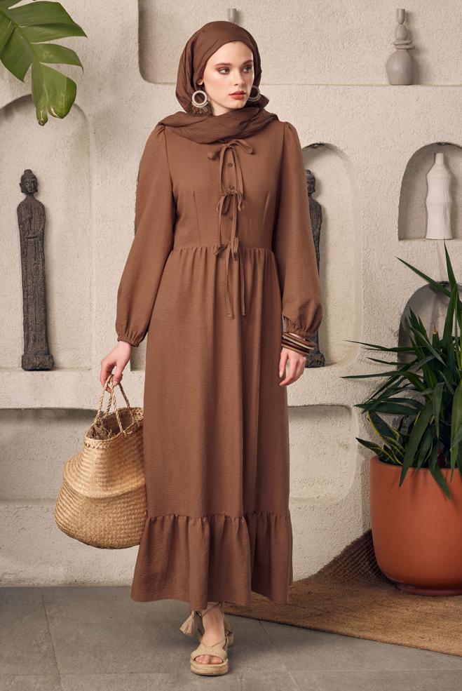 Vêtements hijab BRUN ROBE NOUÉE 45433 - ALVİNA
